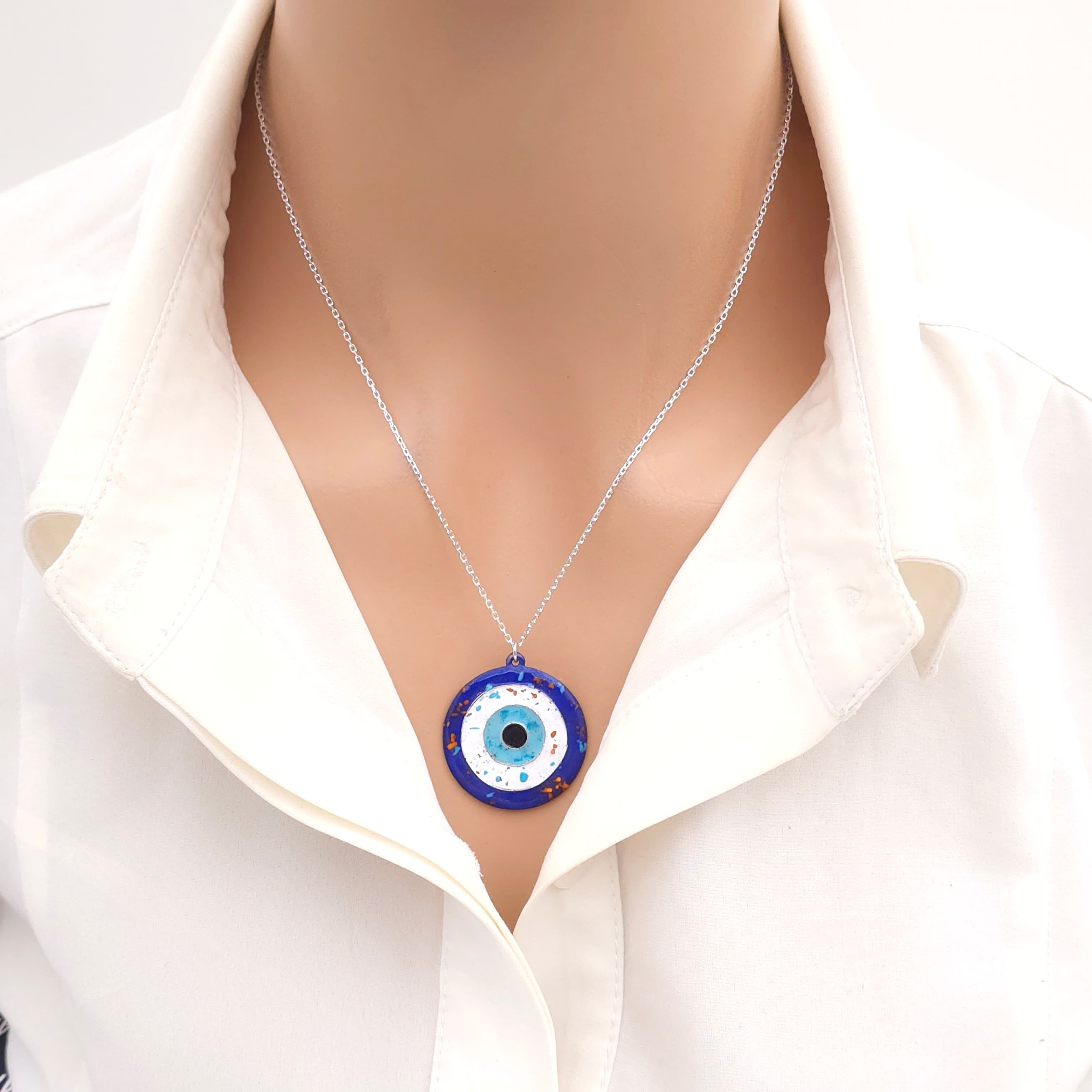 Cloisonné Nazarlık Kolye Beyaz Dokulu Gümüş Zincirli