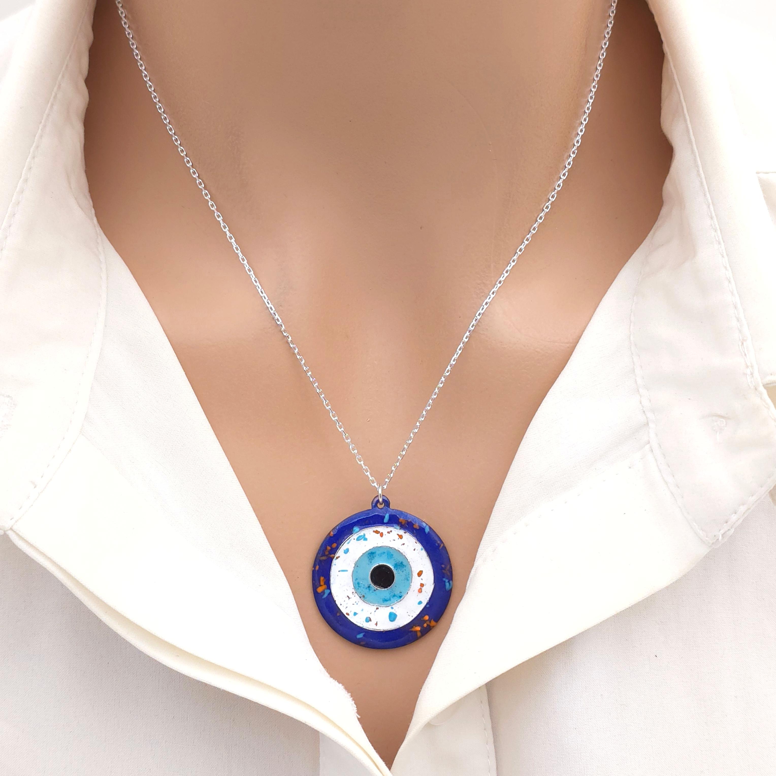 Cloisonné Nazarlık Kolye Beyaz Dokulu Gümüş Zincirli