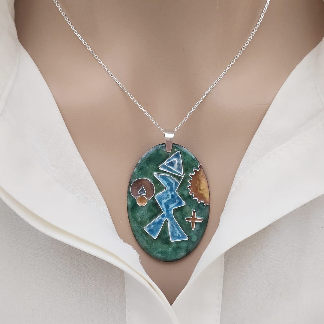 Cloisonné Balık Kolye Yeşil Mavi Gümüş Zincirli