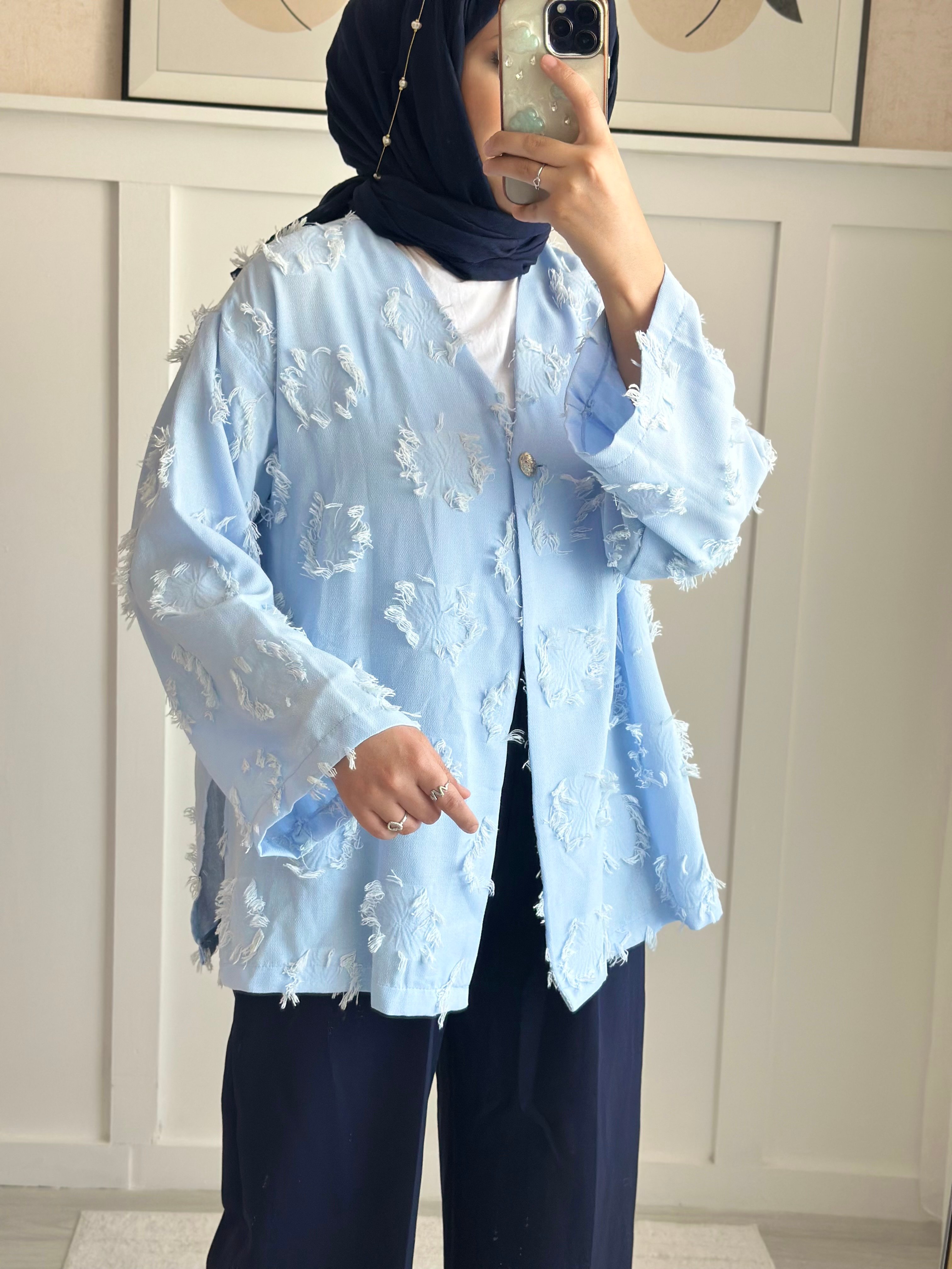 Tek Düğmeli Püskül Detaylı Yırtmaçlı Kimono -Mavi