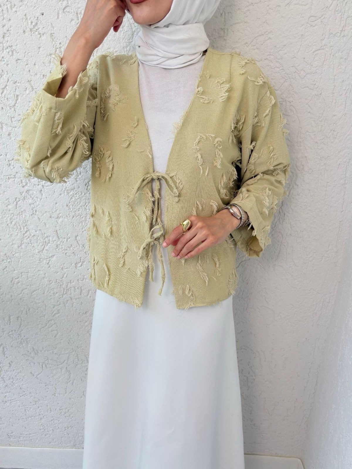  Önü Bağlamalı Püskül Detaylı Kimono -Zeytin