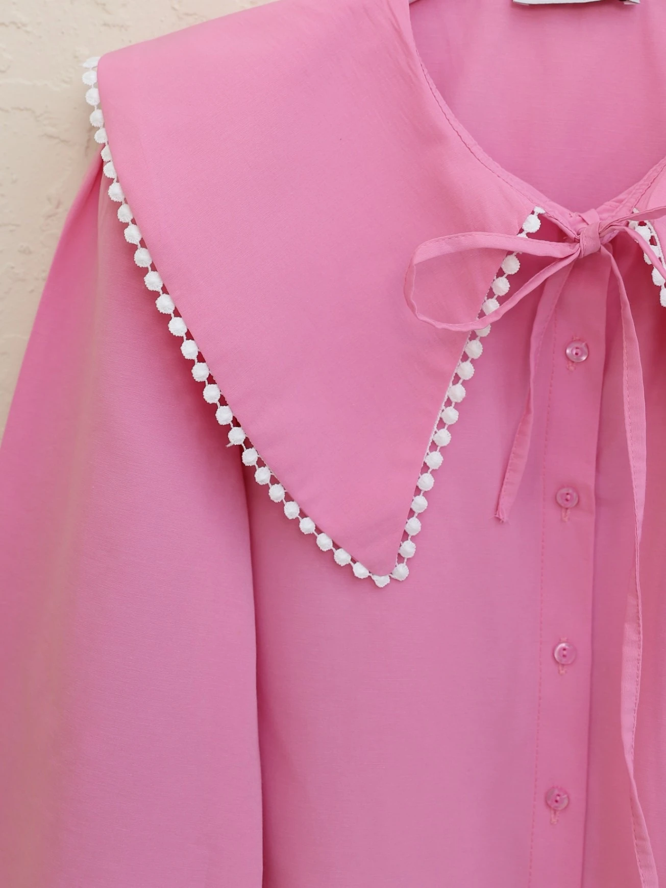 Önlük Yaka Bağlamalı Kolu Lastikli Gömlek -Pembe