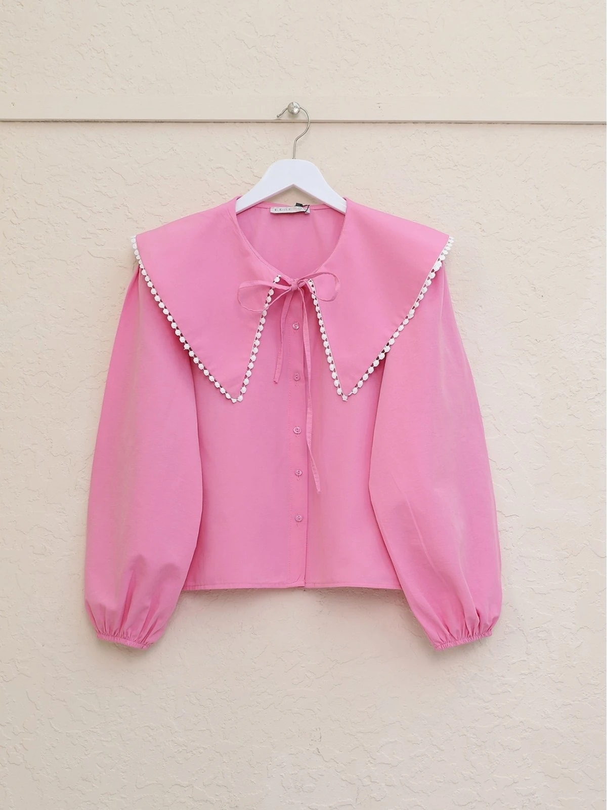 Önlük Yaka Bağlamalı Kolu Lastikli Gömlek -Pembe