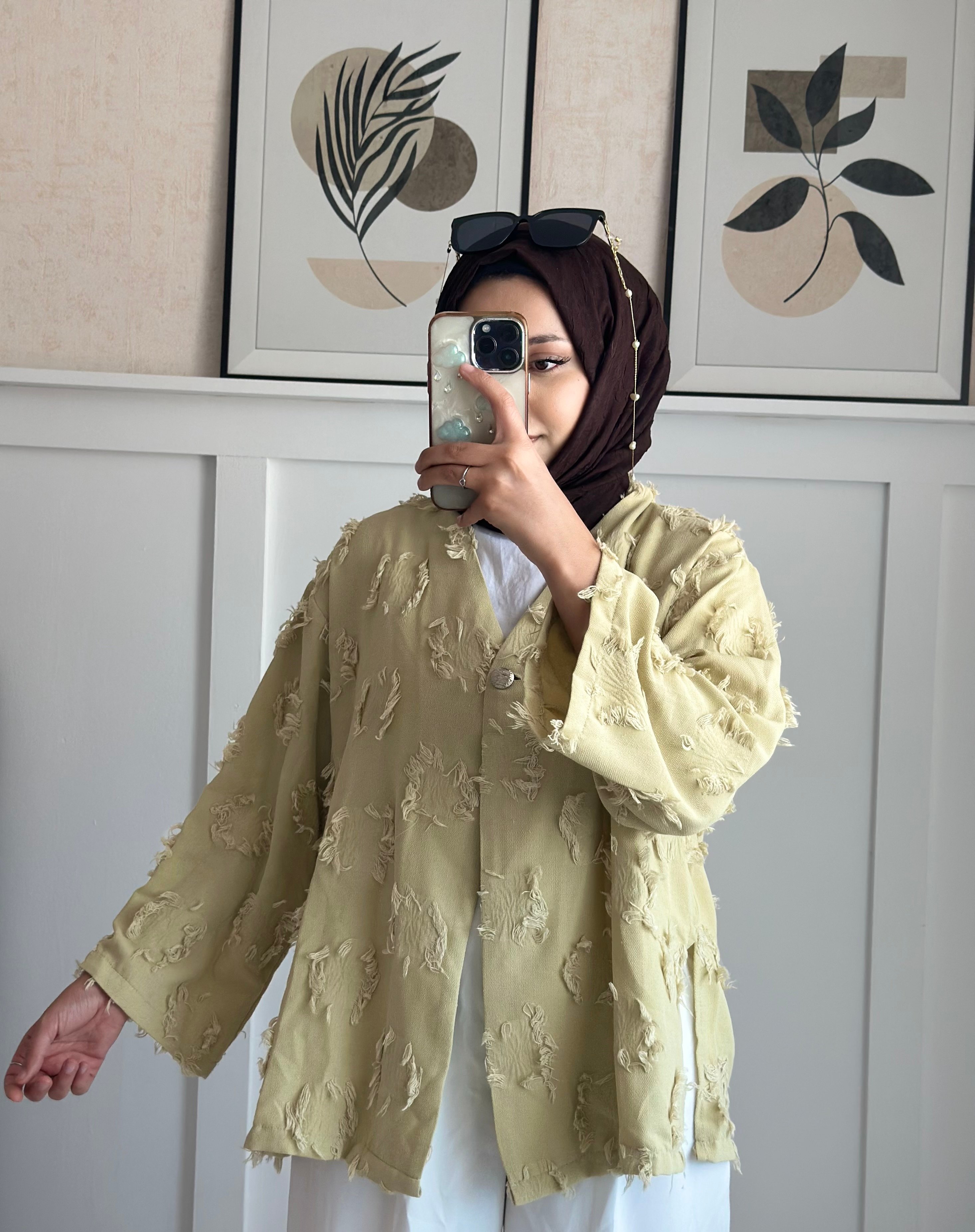 Tek Düğmeli Püskül Detaylı Yırtmaçlı Kimono -Yağ Yeşili