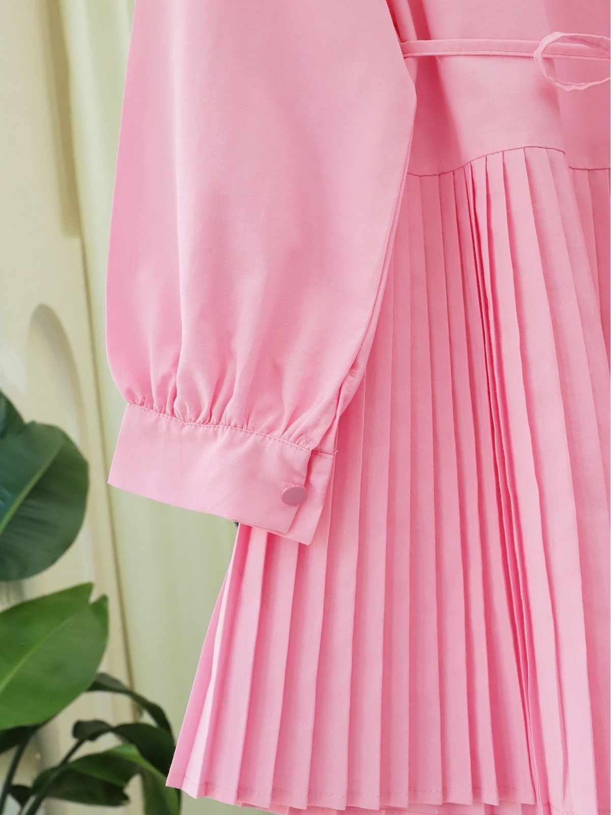 Yarım Düğmeli Beli Bağlamalı Piliseli Gömlek -Pembe