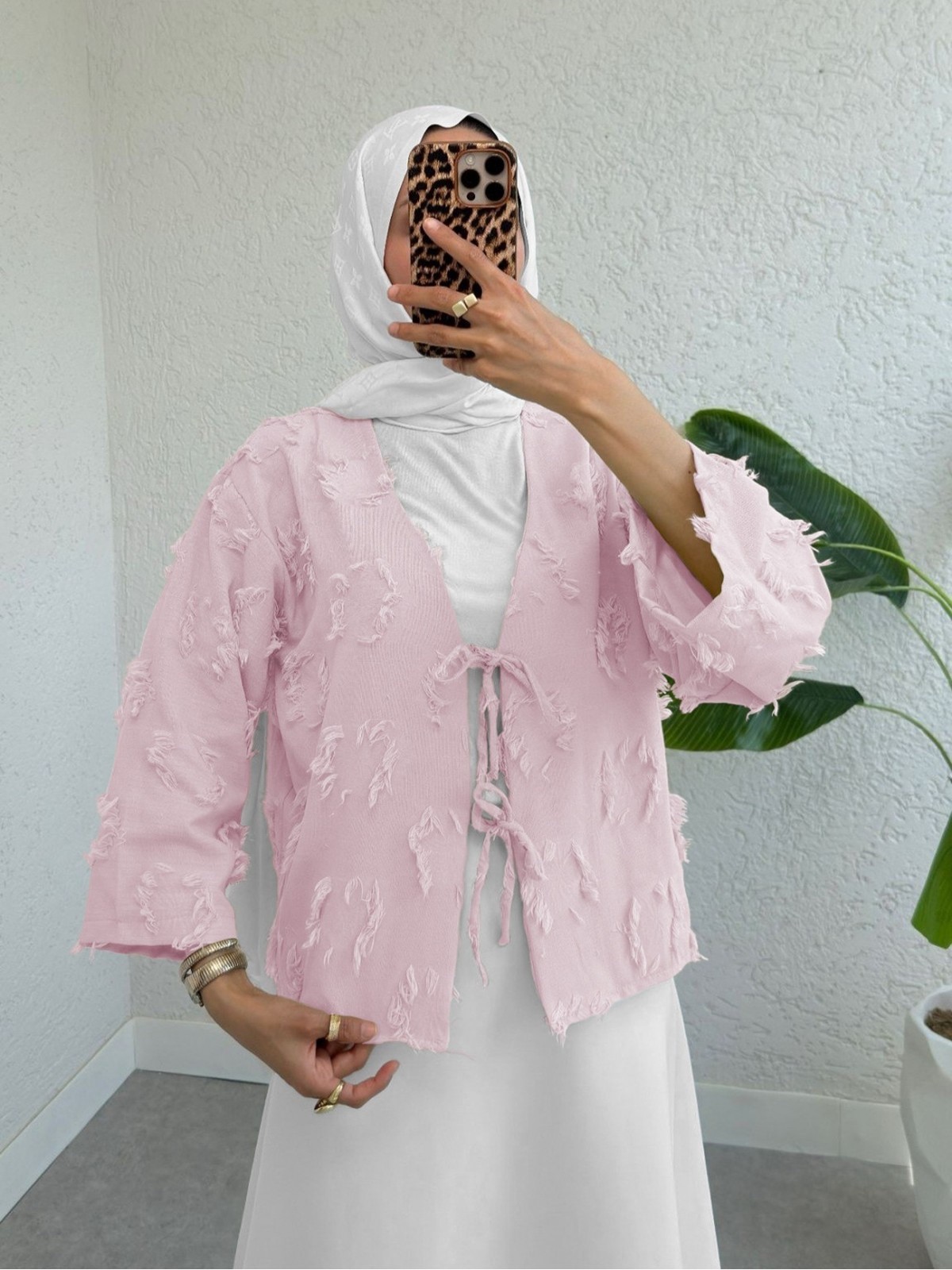Önü Bağlamalı Püskül Detaylı Kimono -Pudra