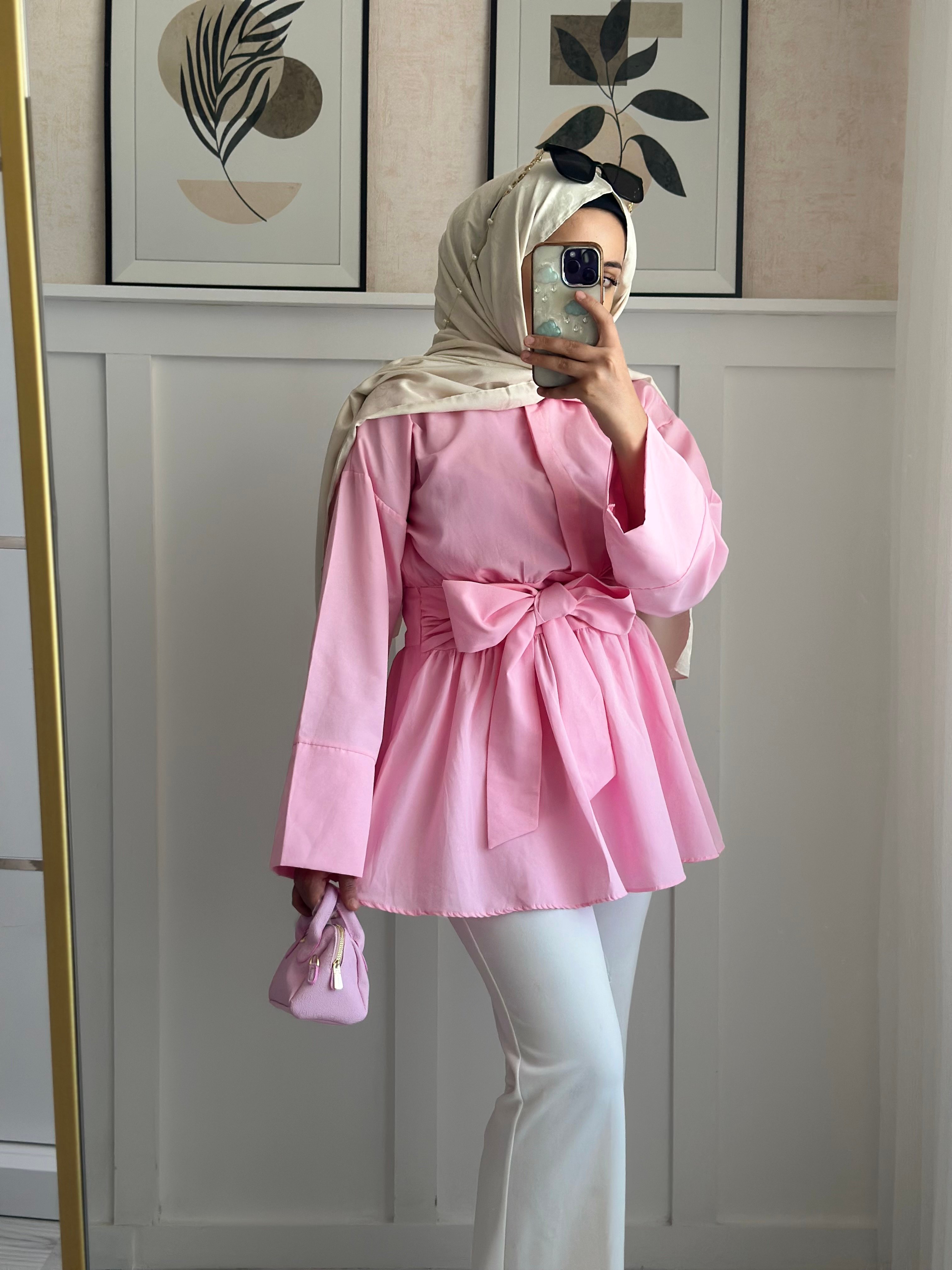 Yarım Düğmeli Beli Bağlamalı Yanı Fermuarlı Tunik -Pembe