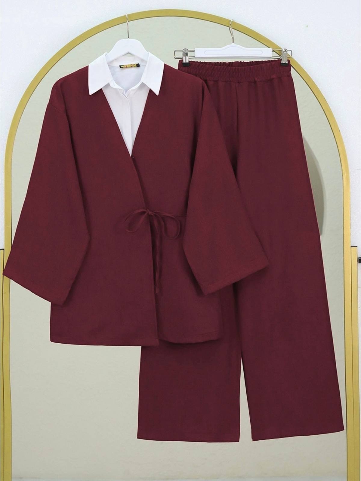 Önden Bağlamalı Pantolonlu Kimono Takım -Bordo