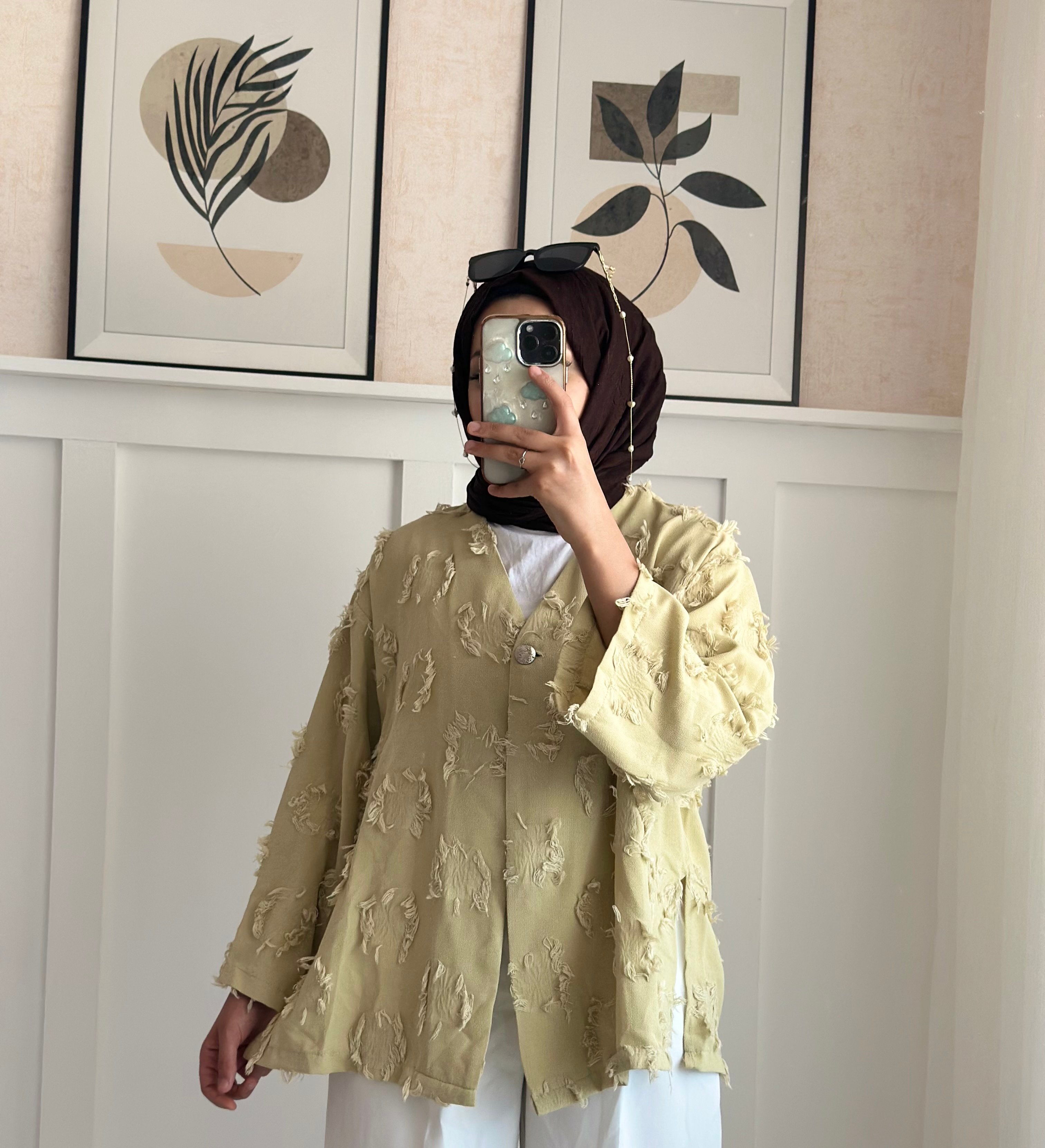 Tek Düğmeli Püskül Detaylı Yırtmaçlı Kimono -Yağ Yeşili