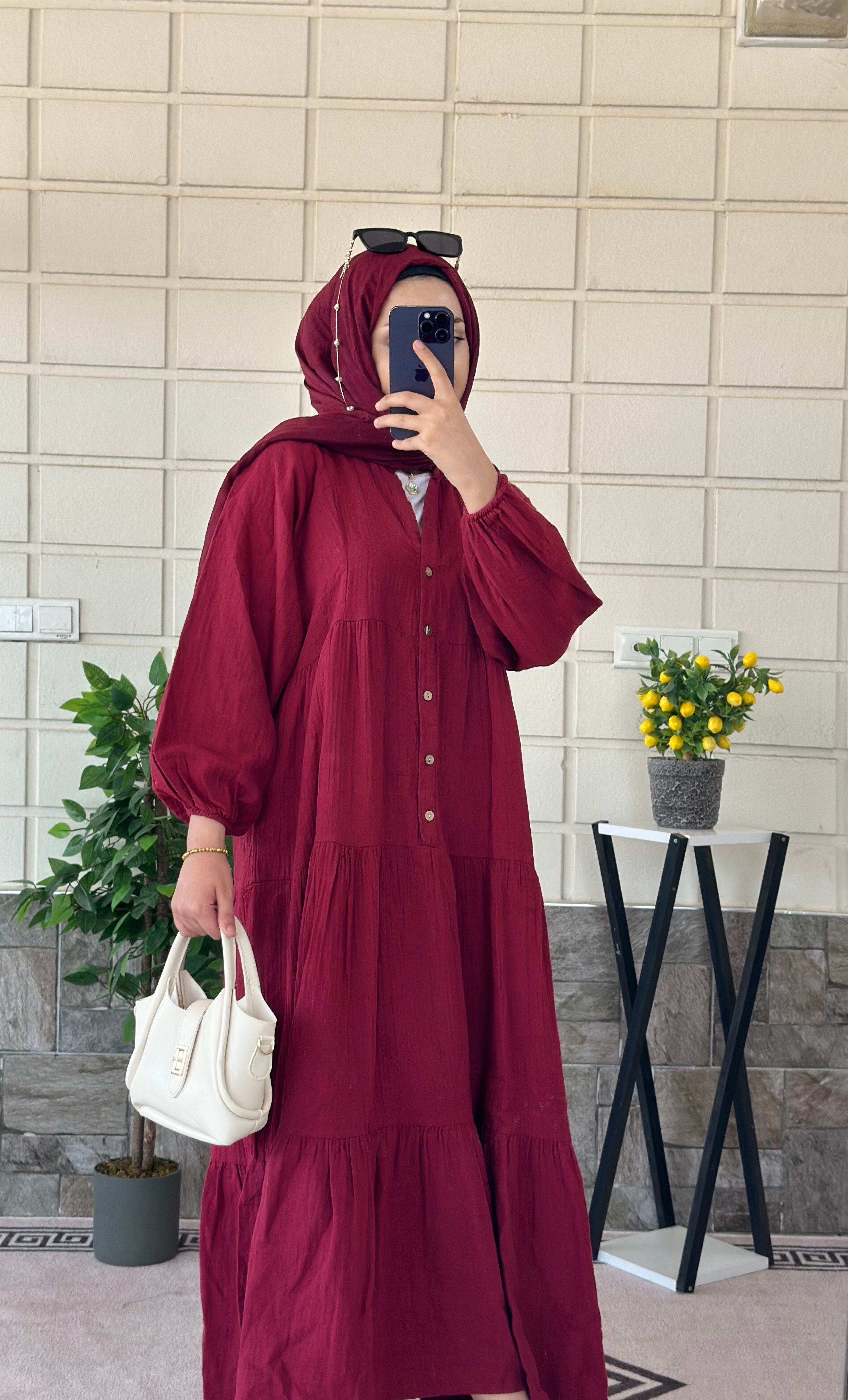 Yarım Düğmeli Parçalı Müslin Elbise -Bordo