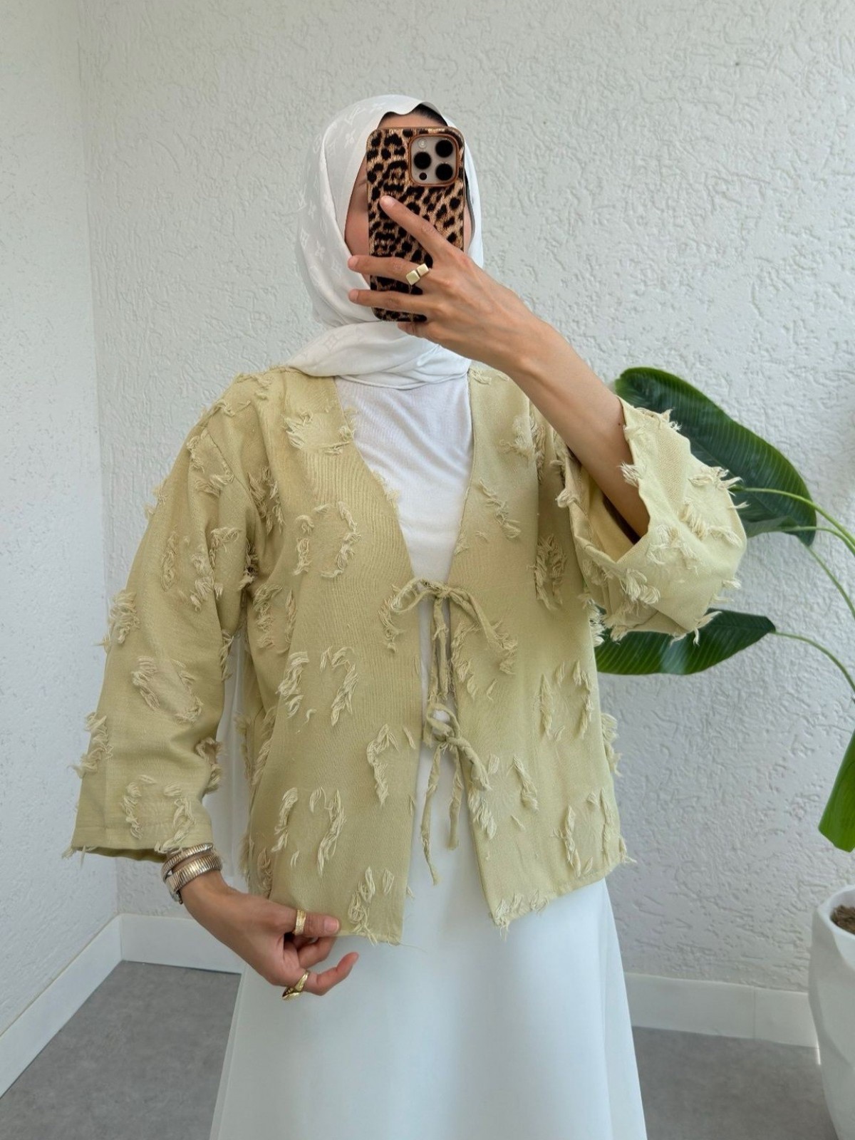  Önü Bağlamalı Püskül Detaylı Kimono -Zeytin