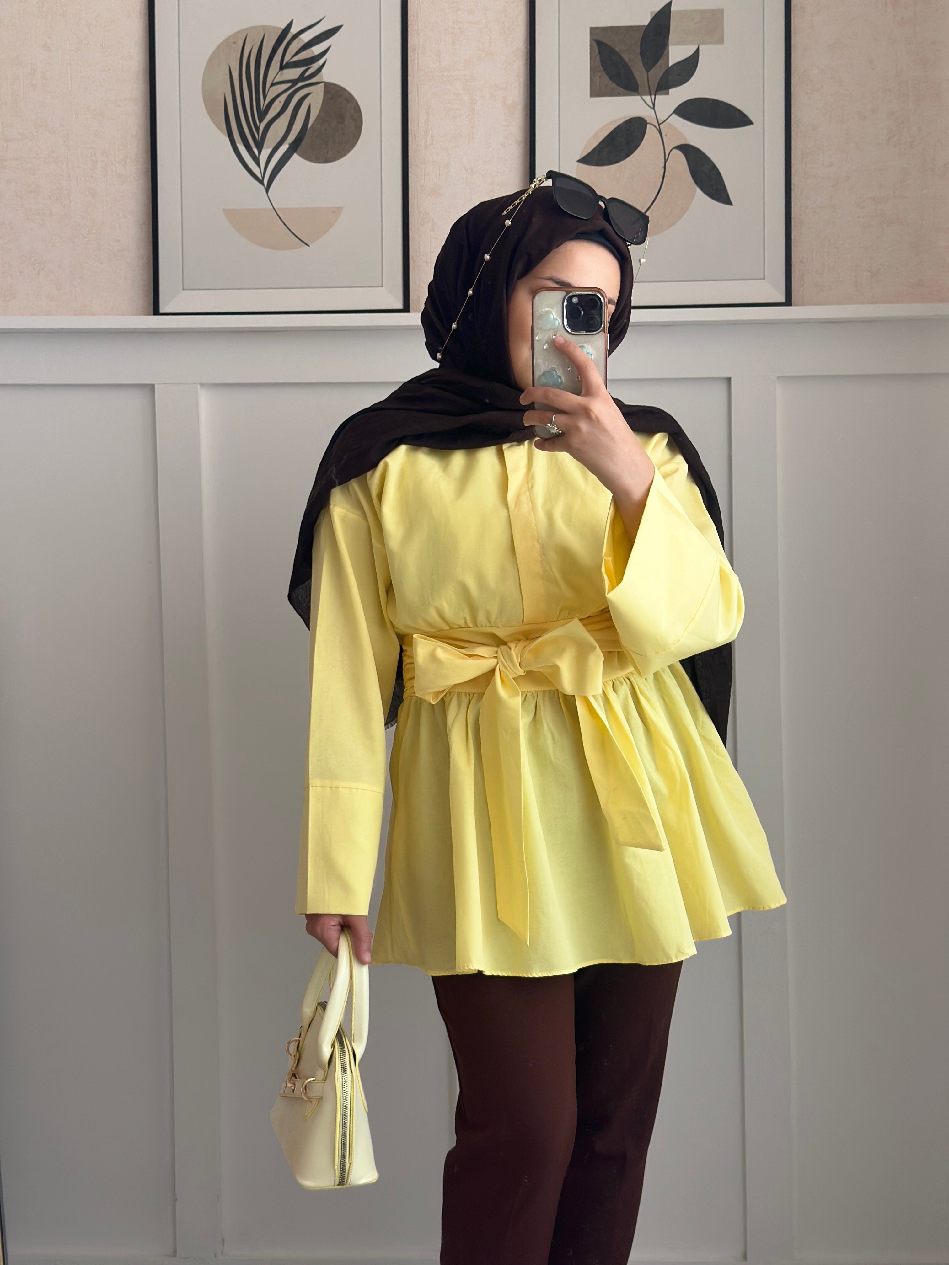 Yarım Düğmeli Beli Bağlamalı Yanı Fermuarlı Tunik -Sarı
