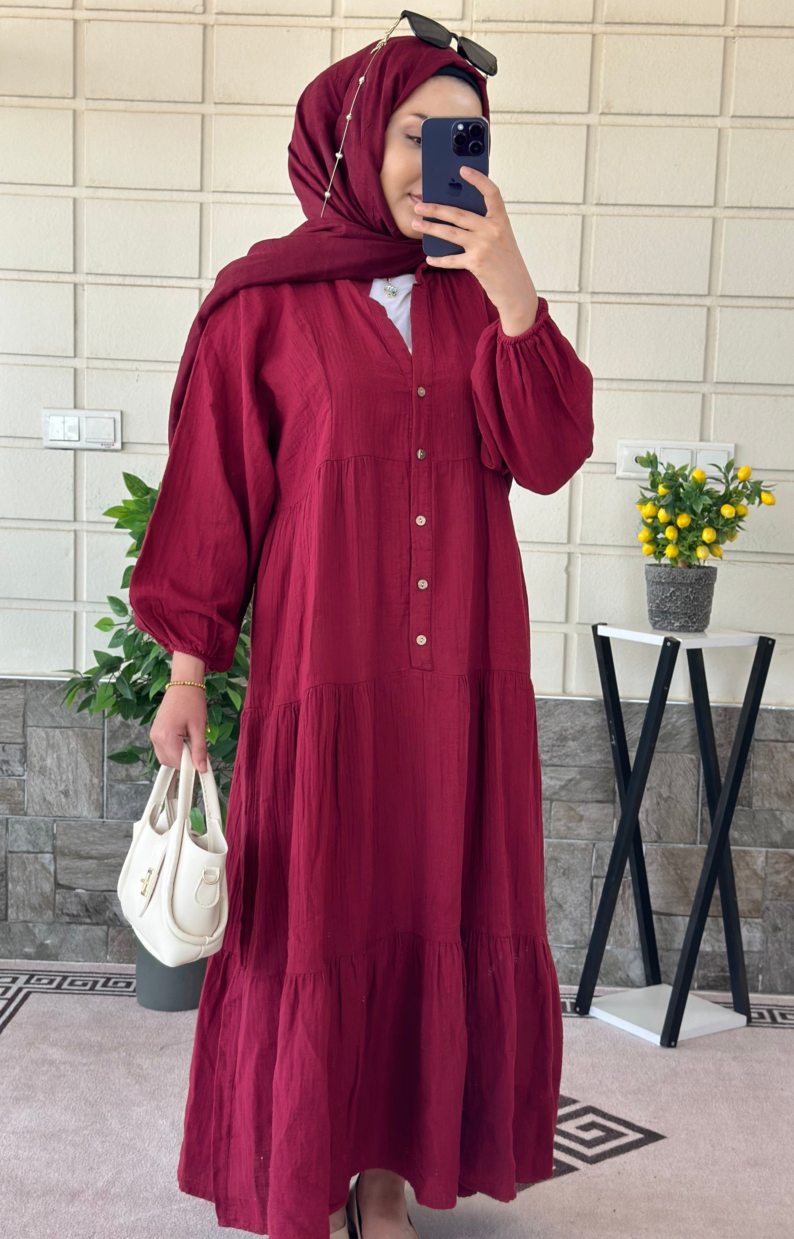 Yarım Düğmeli Parçalı Müslin Elbise -Bordo