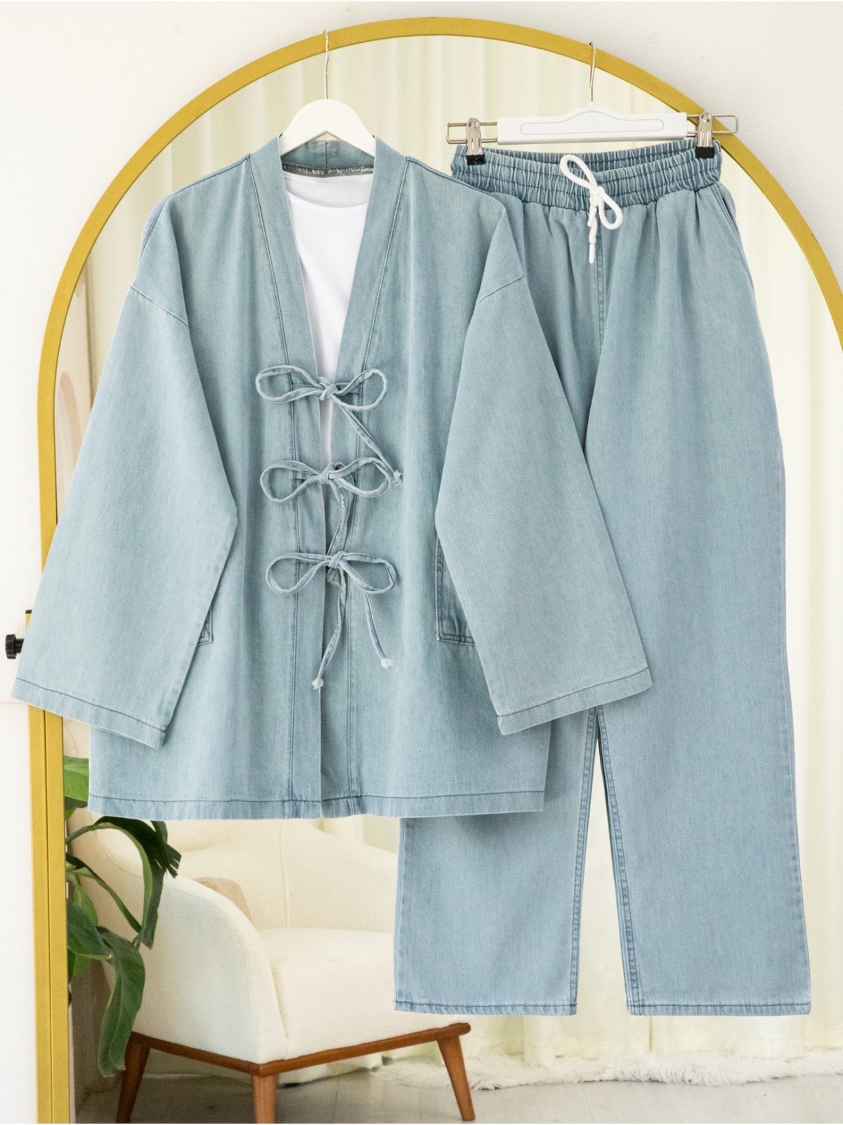 Önü Bağlamalı Cepli Pantolonlu Kot Kimono Takım -Açık Mavi