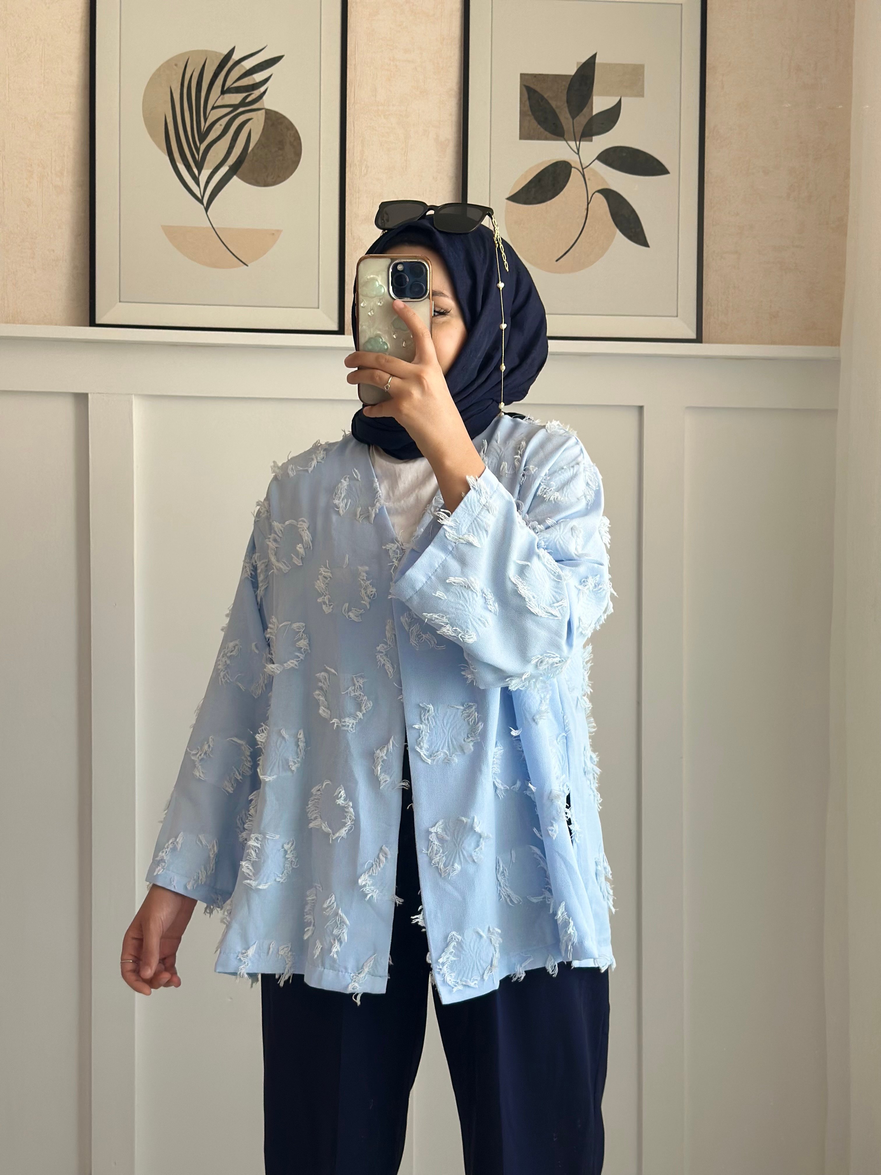 Tek Düğmeli Püskül Detaylı Yırtmaçlı Kimono -Mavi