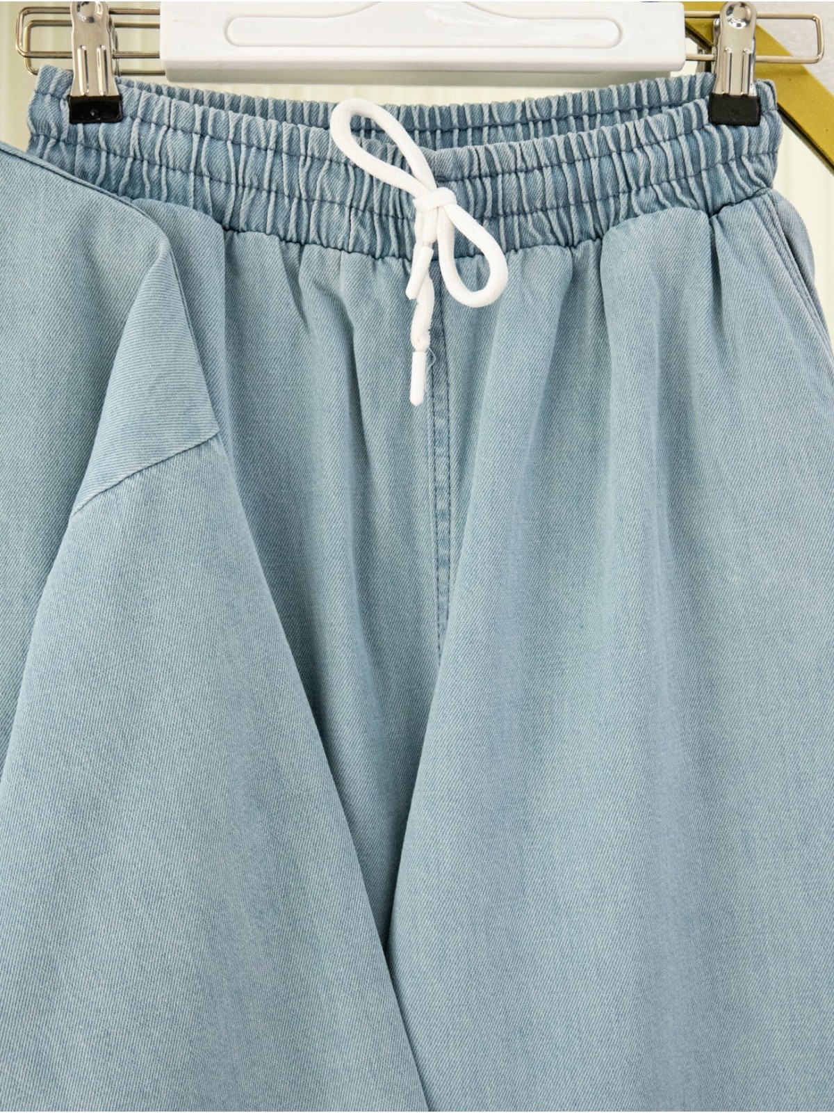 Önü Bağlamalı Cepli Pantolonlu Kot Kimono Takım -Açık Mavi