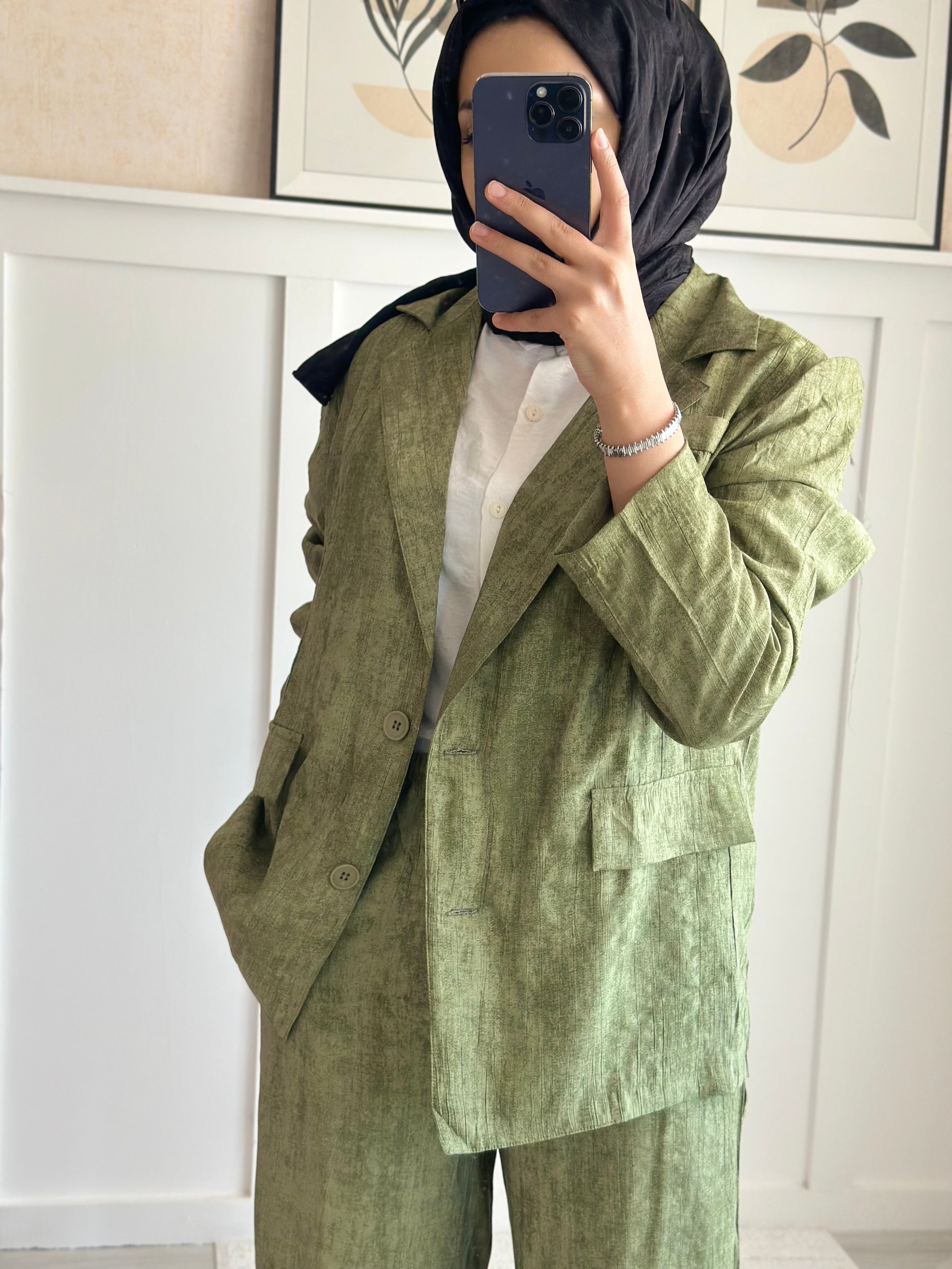 Batik Çilek Keten Takım - Haki