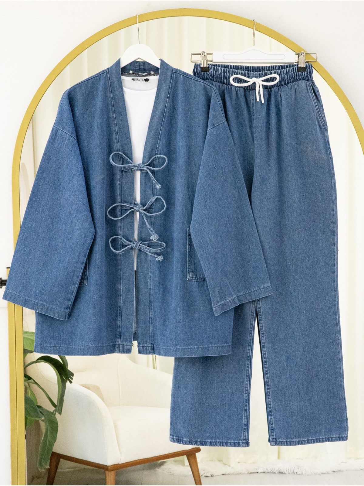 Önü Bağlamalı Cepli Pantolonlu Kot Kimono Takım -Koyu Mavi