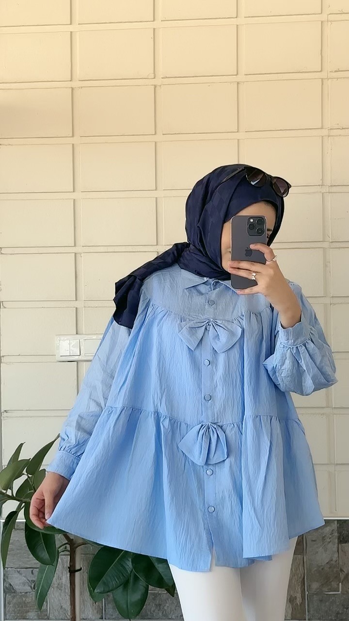 Önü Fiyonk Detaylı Parçalı Gömlek -Bebe Mavisi