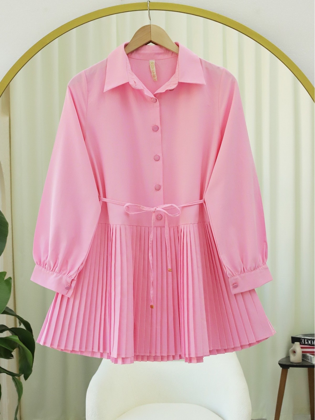 Yarım Düğmeli Beli Bağlamalı Piliseli Gömlek -Pembe