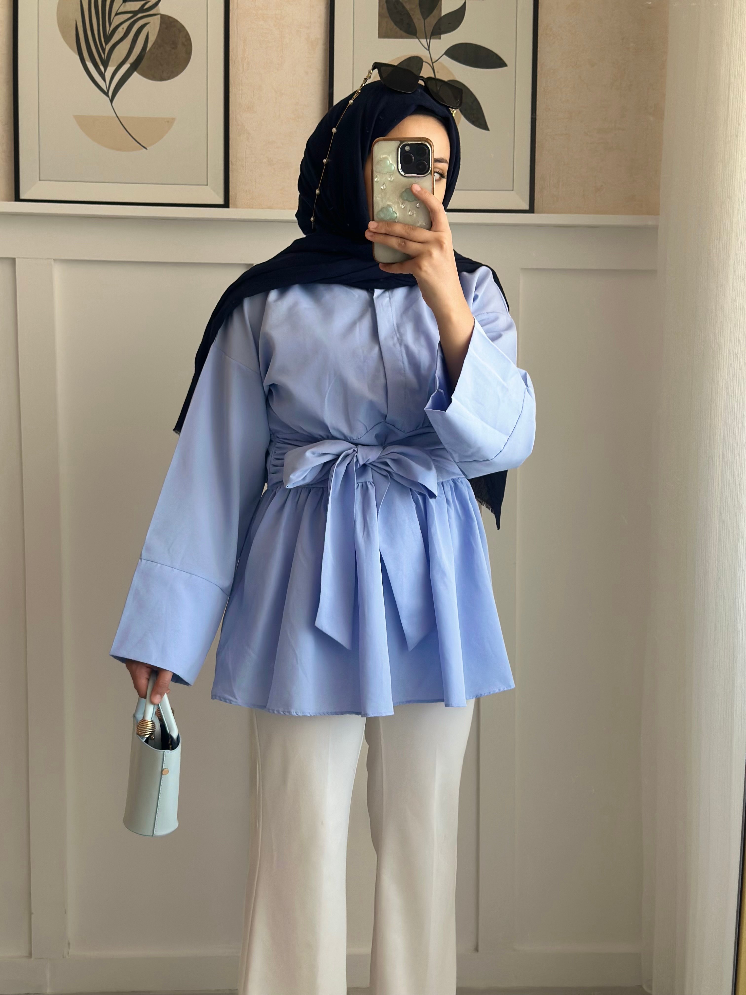 Yarım Düğmeli Beli Bağlamalı Yanı Fermuarlı Tunik -Bebe Mavi