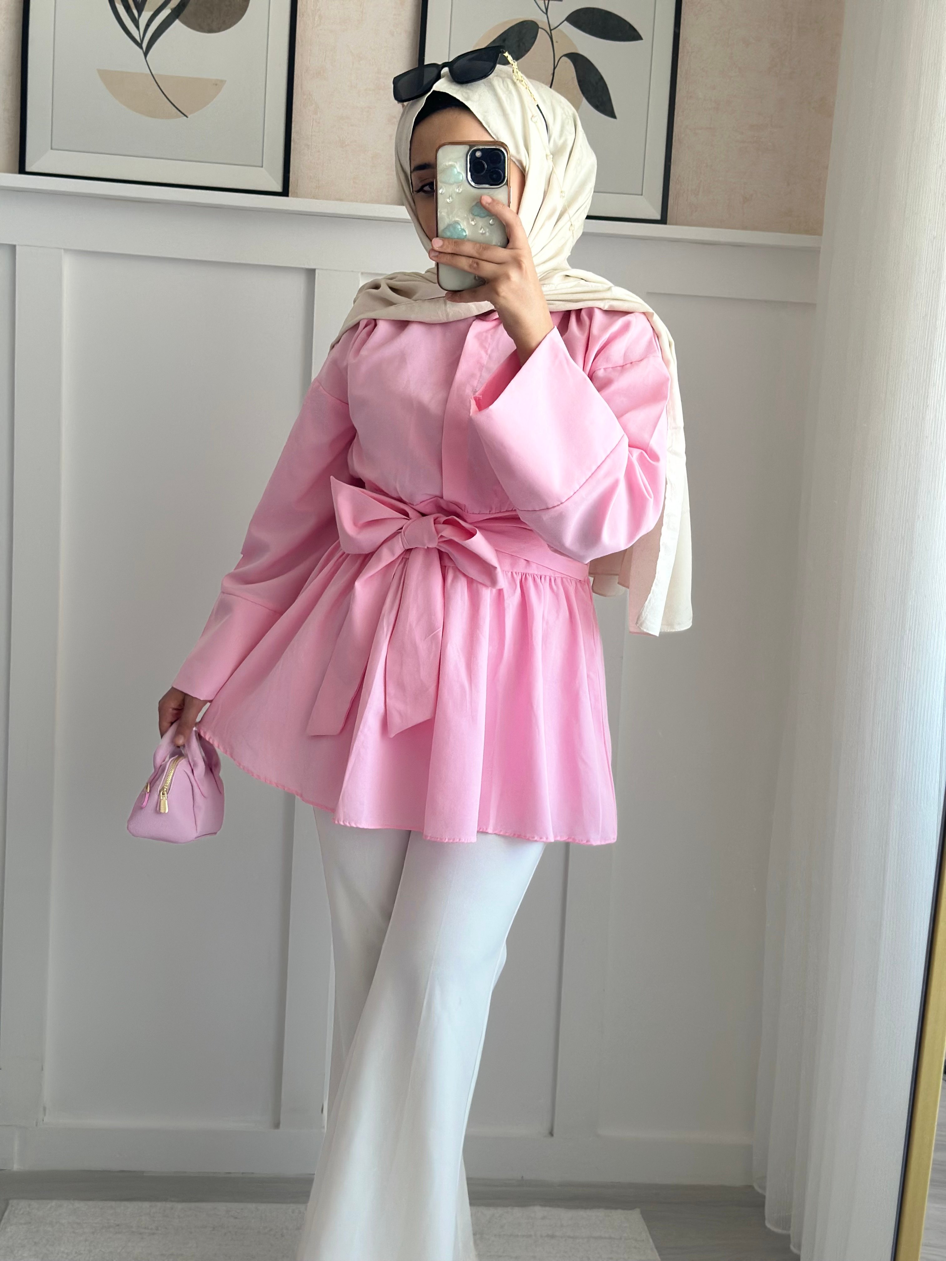 Yarım Düğmeli Beli Bağlamalı Yanı Fermuarlı Tunik -Pembe