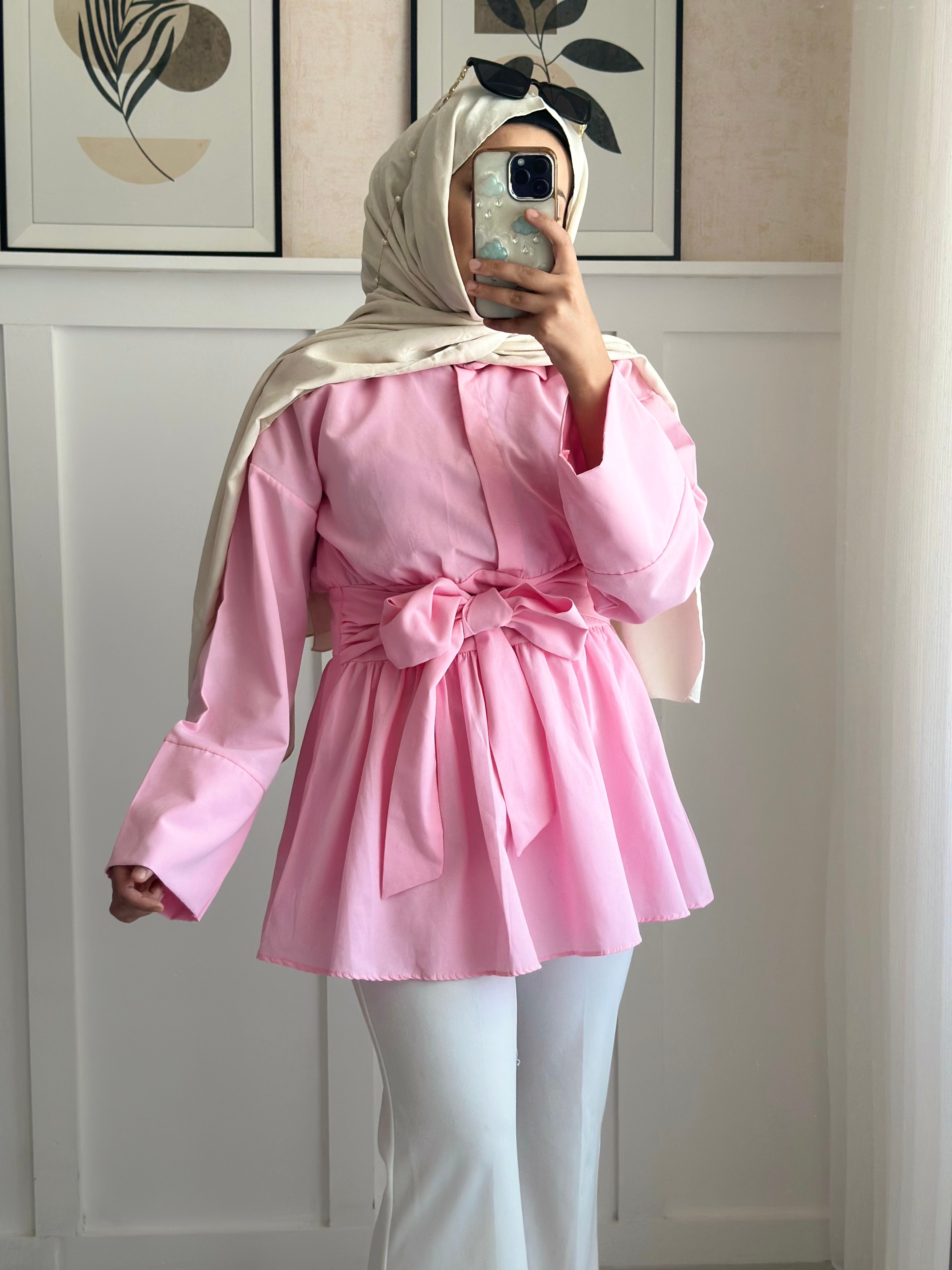 Yarım Düğmeli Beli Bağlamalı Yanı Fermuarlı Tunik -Pembe