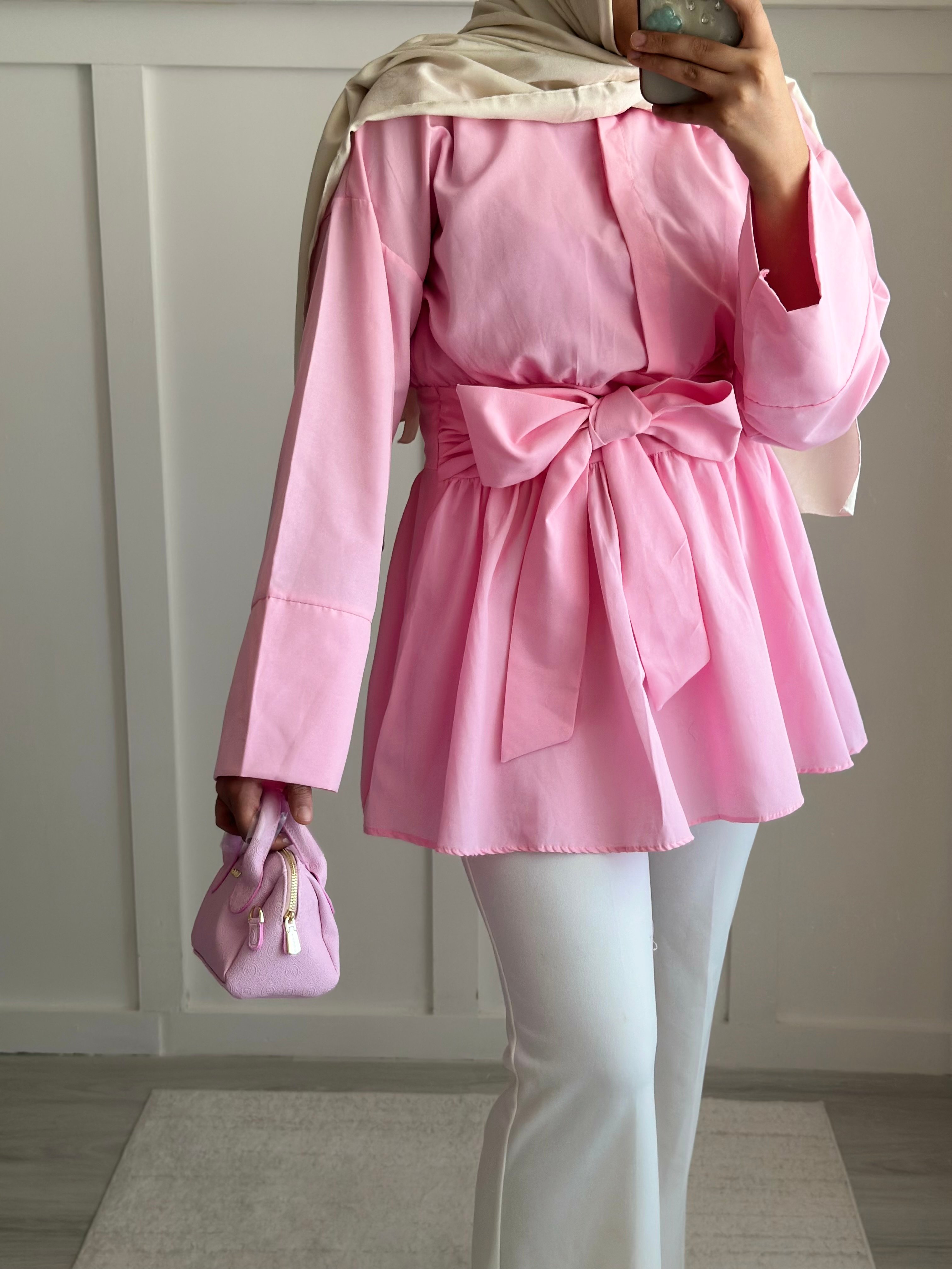 Yarım Düğmeli Beli Bağlamalı Yanı Fermuarlı Tunik -Pembe