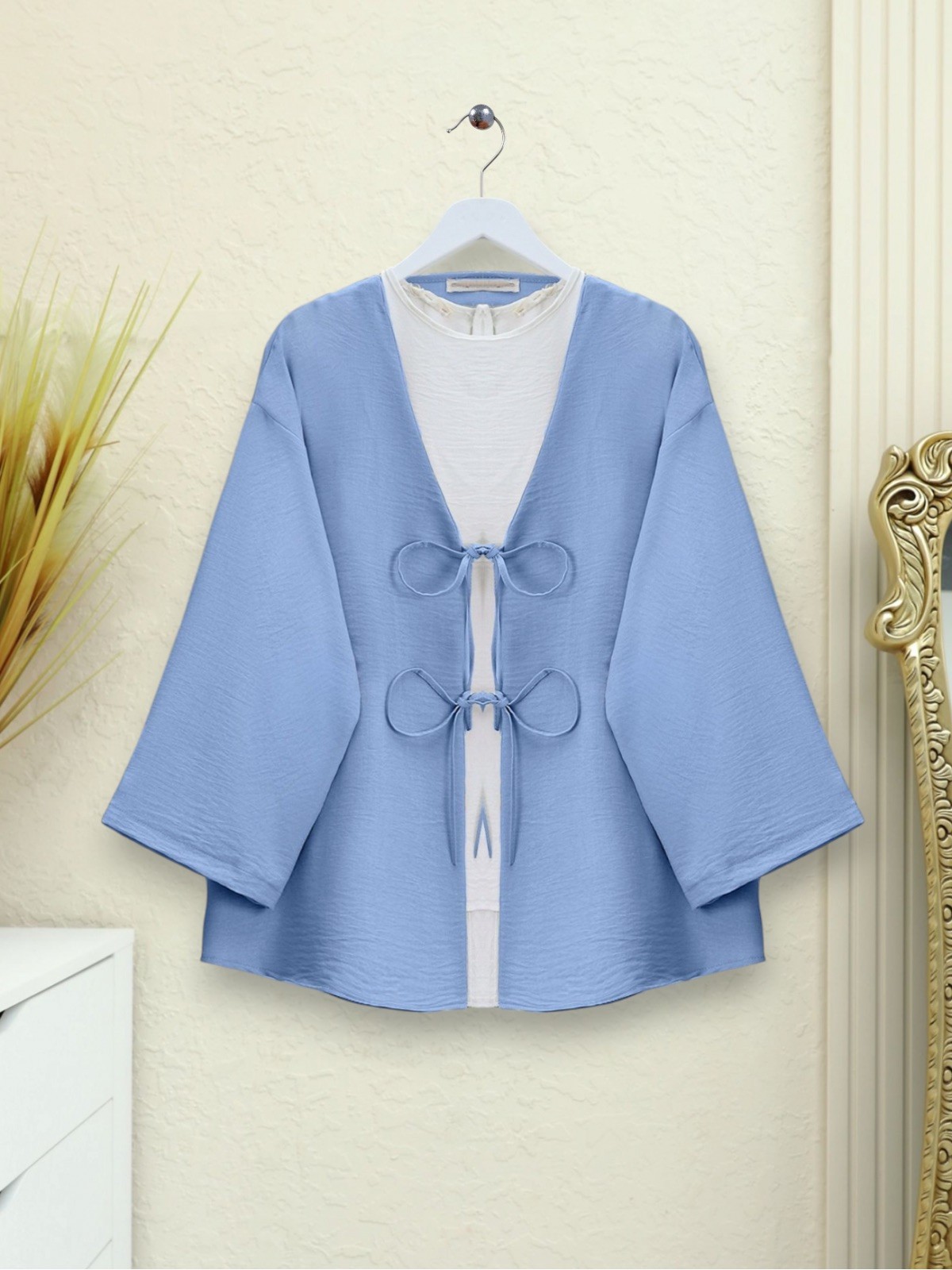 Önü Bağcıklı Keten Kimono -Açık Mavi