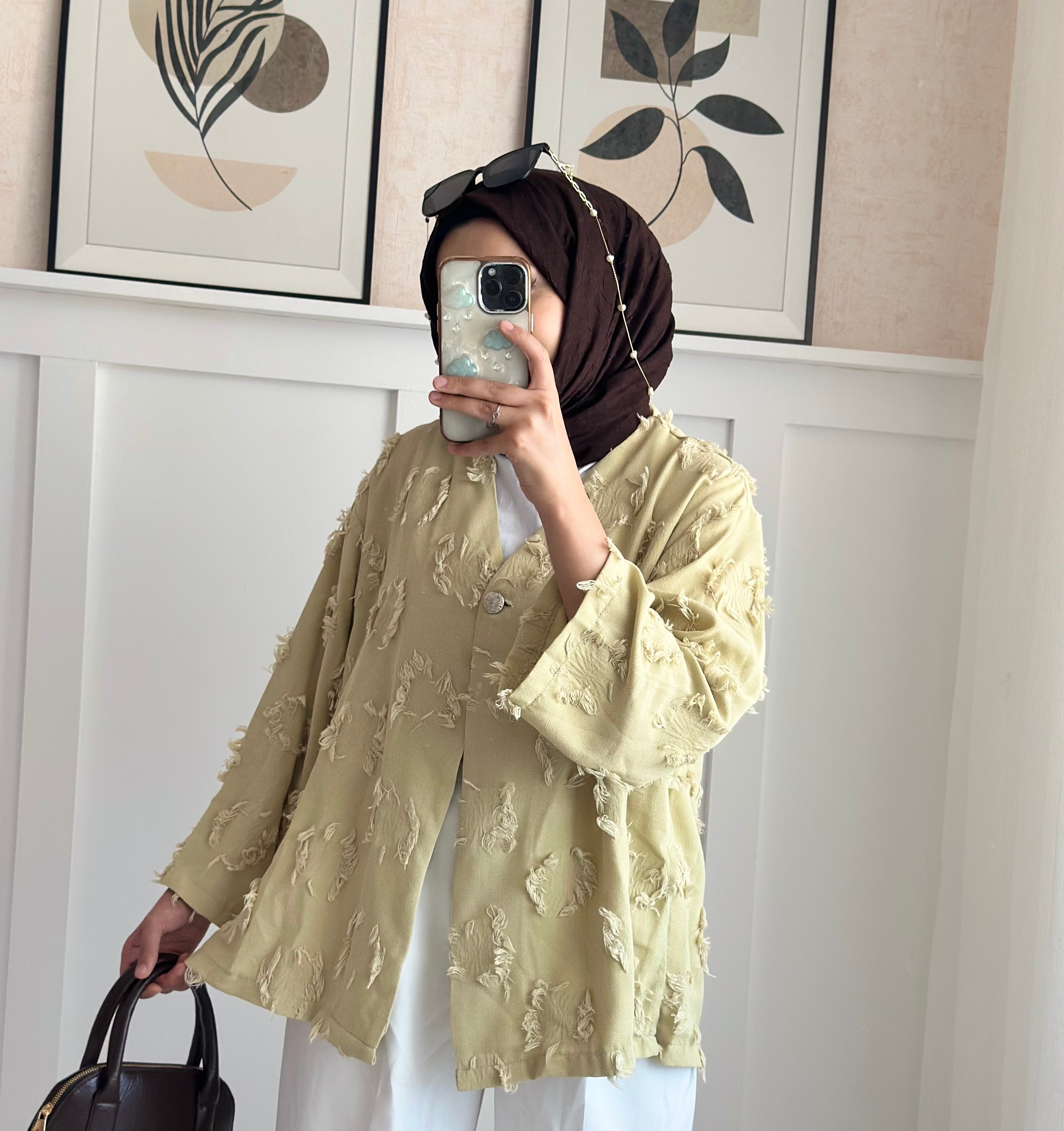 Tek Düğmeli Püskül Detaylı Yırtmaçlı Kimono -Yağ Yeşili