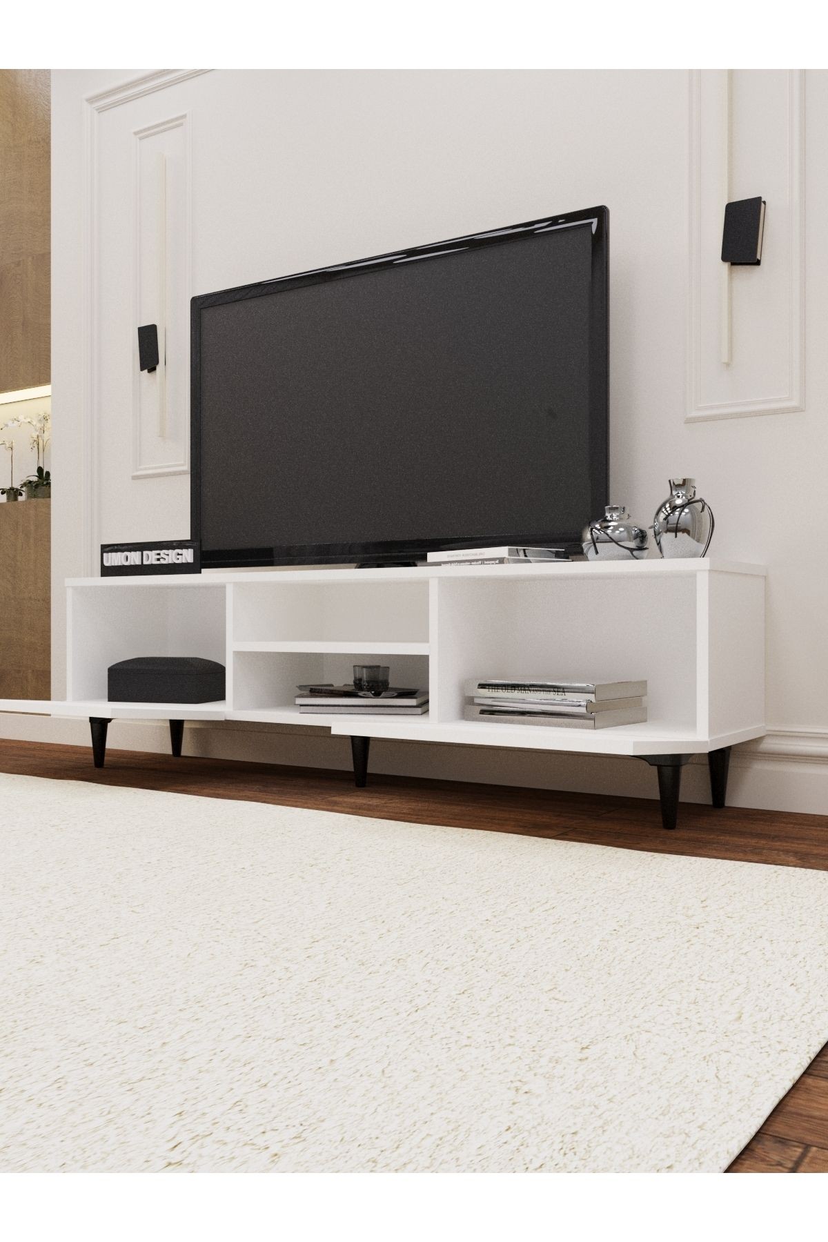 Agora Tv Ünitesi 150 Cm Üç Kapaklı Raflı Ayaklı Tv Sehpası Beyaz