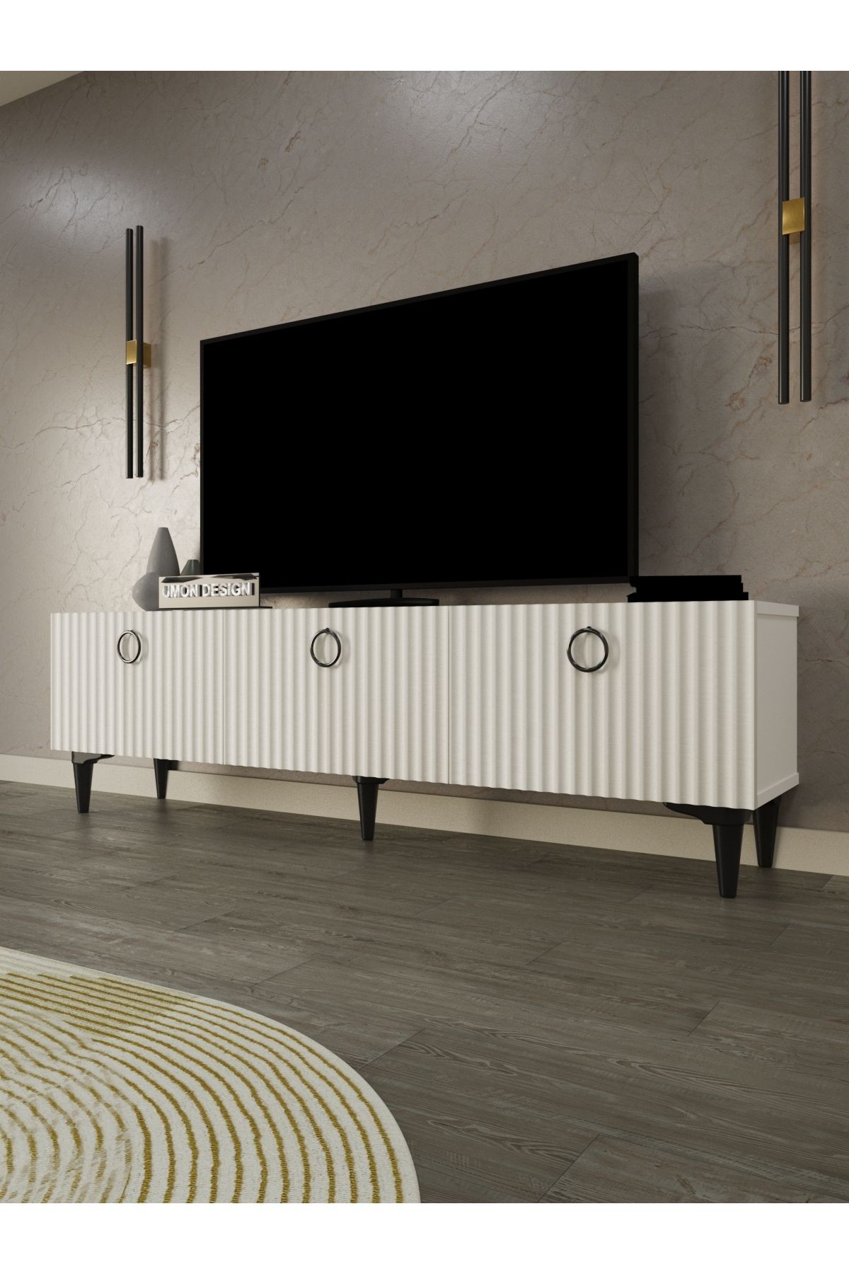 Line Tv Ünitesi 150 cm Üç Kapaklı MDF Kapak Raflı Ayaklı TV Sehpası
