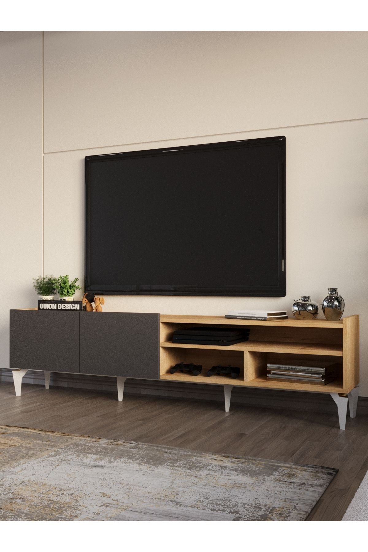 TEOS TV Ünitesi 180 cm Düşer Kapaklı Raflı Televizyon Sehpası