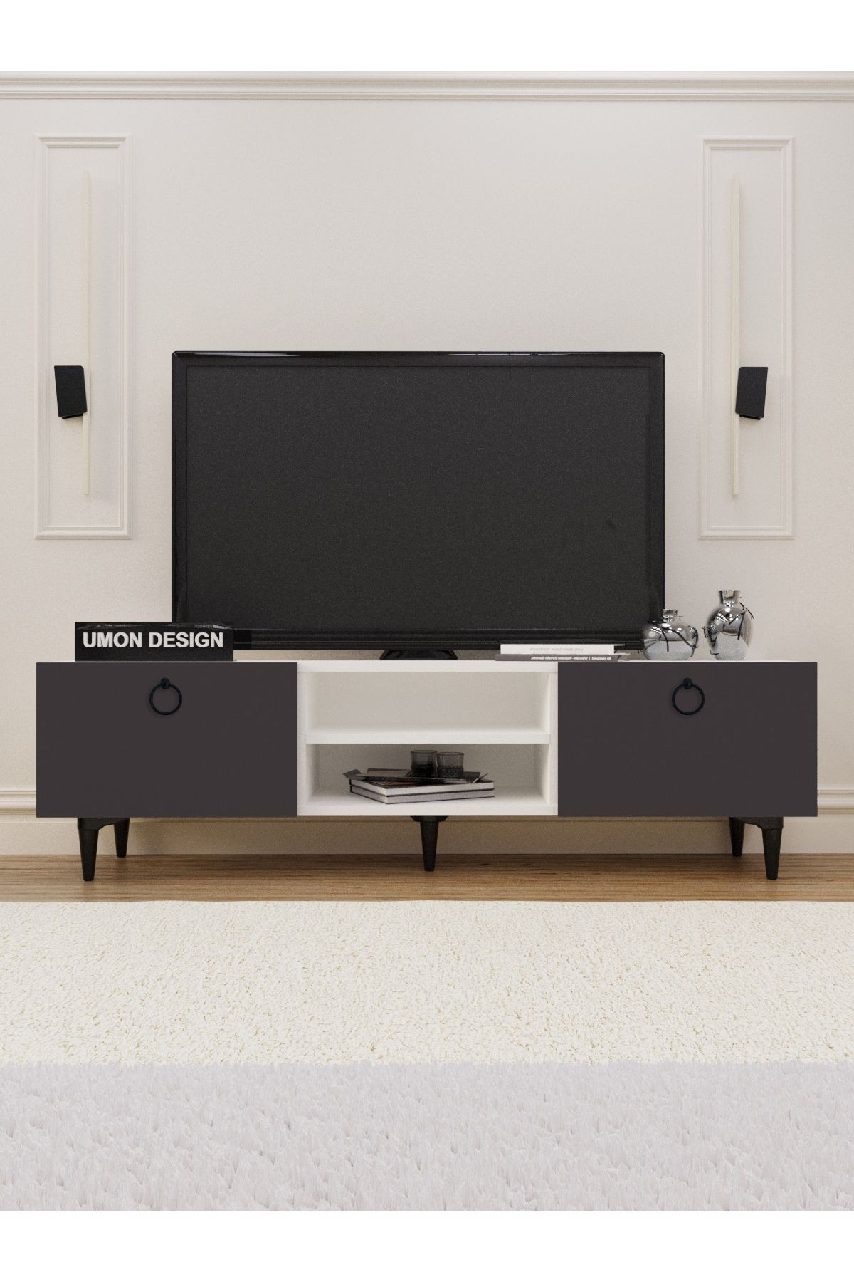 Agora Tv Ünitesi 150 Cm Üç Kapaklı Raflı Ayaklı Tv Sehpası Beyaz - beyaz antrasit