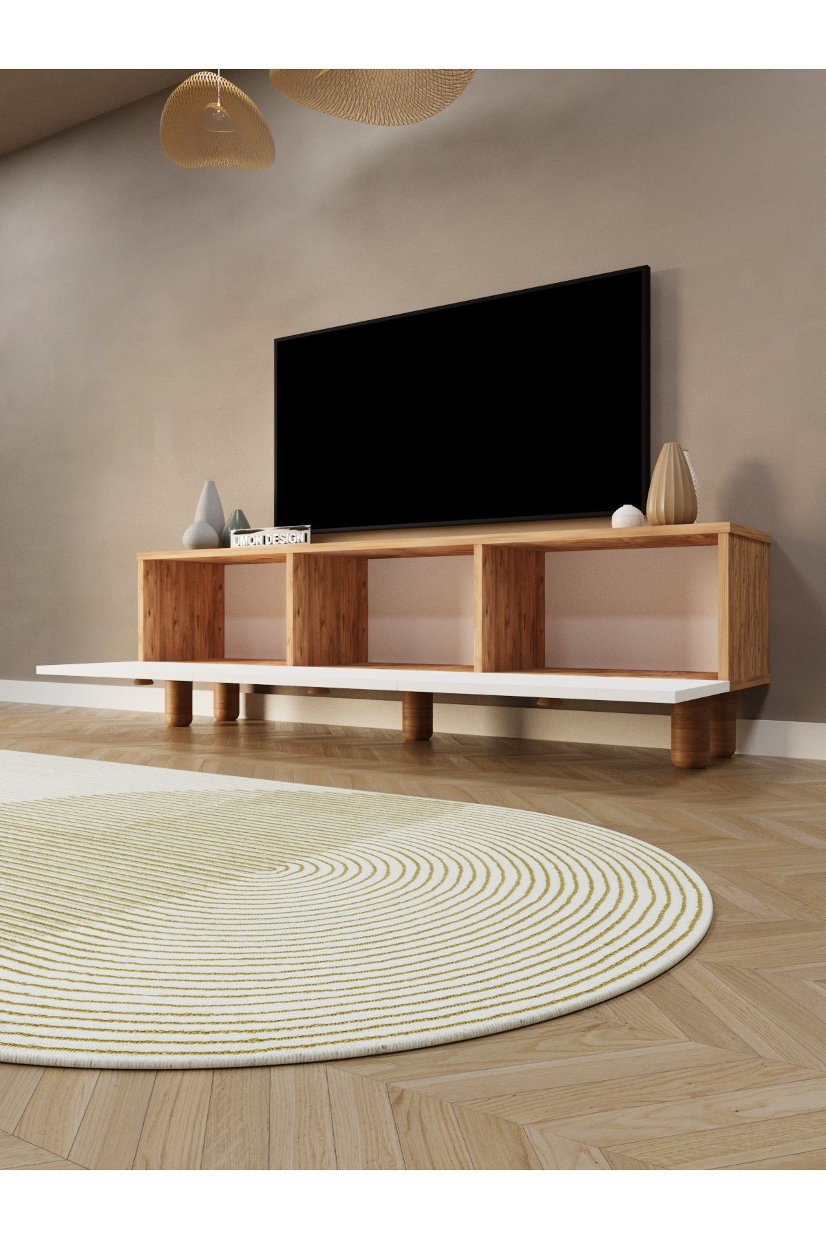 Bohem Tv Ünitesi 150 cm Üç Kapaklı MDF Kapak Raflı Ayaklı TV Sehpası