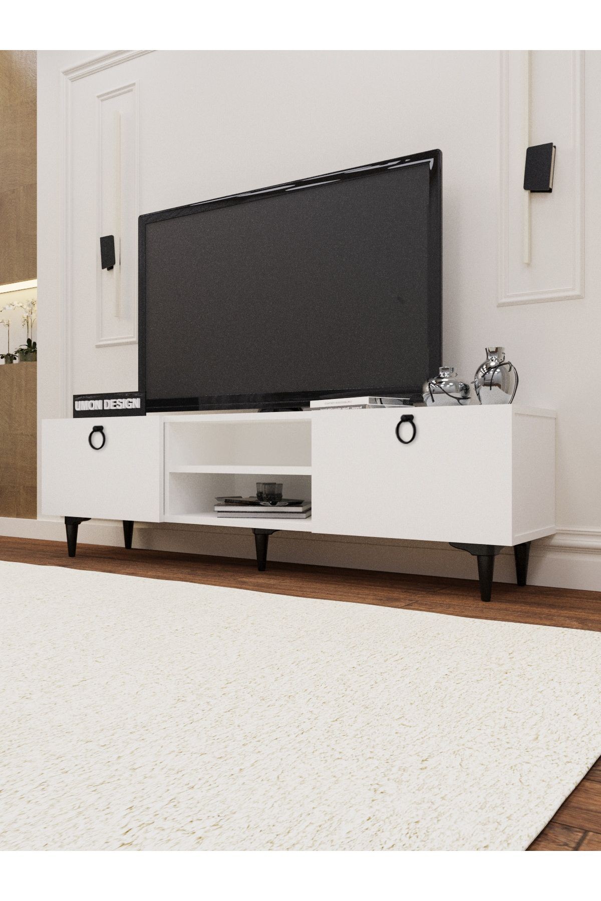 Agora Tv Ünitesi 150 Cm Üç Kapaklı Raflı Ayaklı Tv Sehpası Beyaz