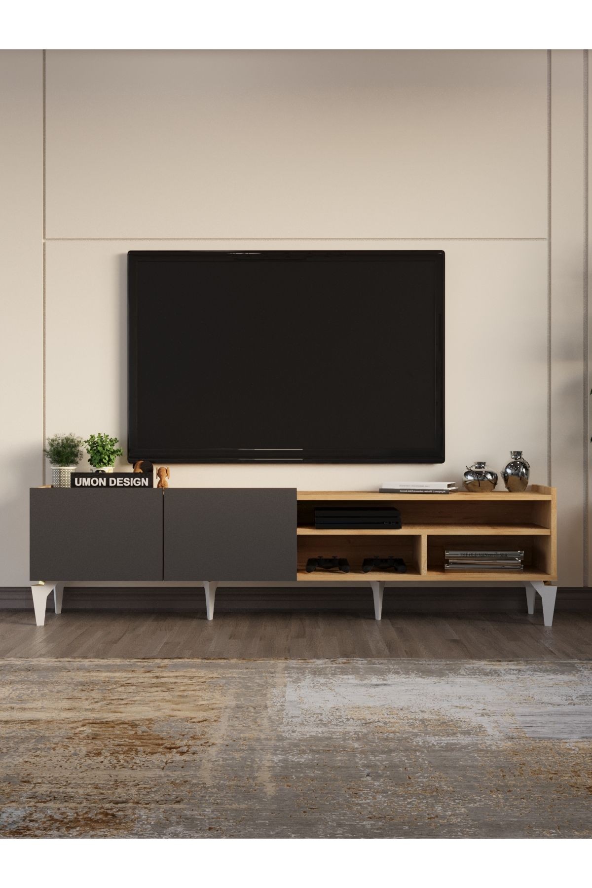 TEOS TV Ünitesi 180 cm Düşer Kapaklı Raflı Televizyon Sehpası