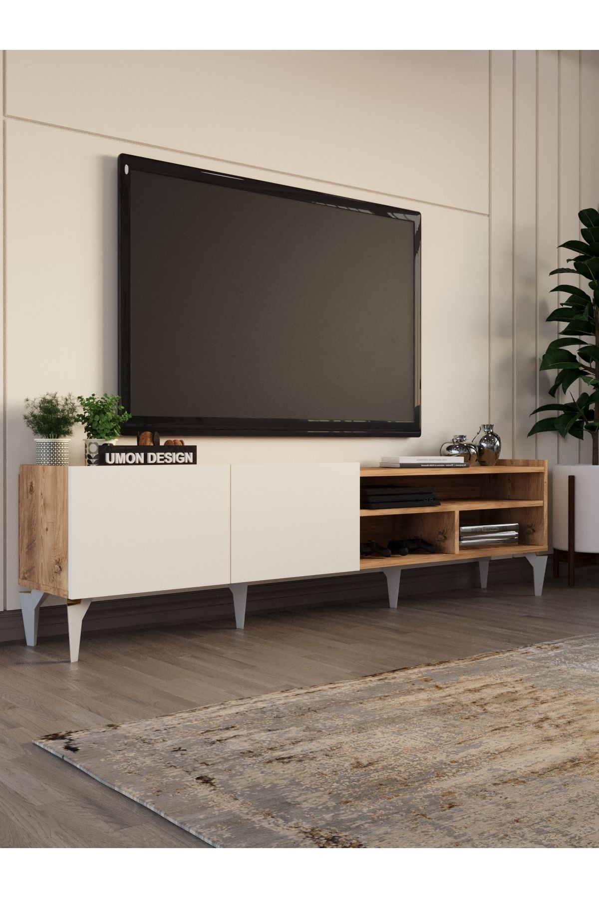 TEOS TV Ünitesi 180 cm Düşer Kapaklı Raflı Televizyon Sehpası - çam krem
