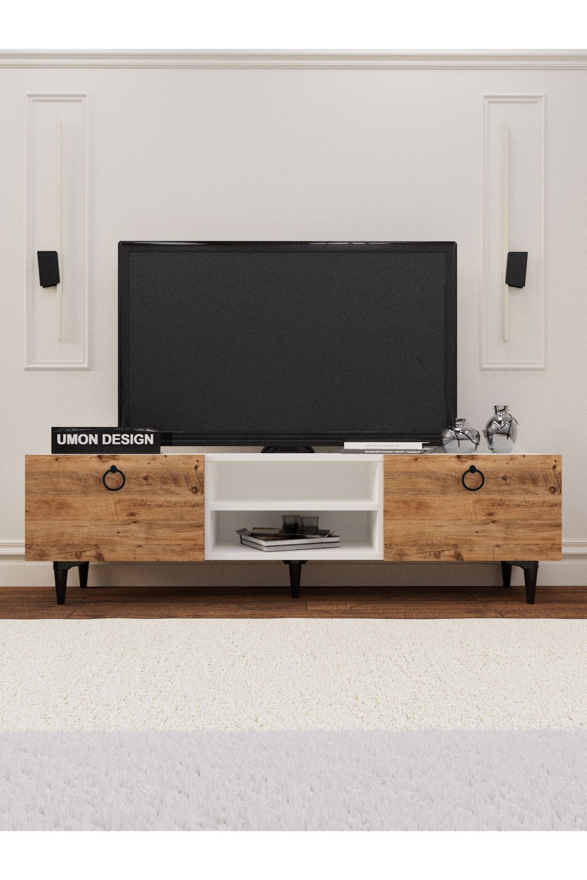 Agora Tv Ünitesi 150 Cm Üç Kapaklı Raflı Ayaklı Tv Sehpası Beyaz - beyaz çam