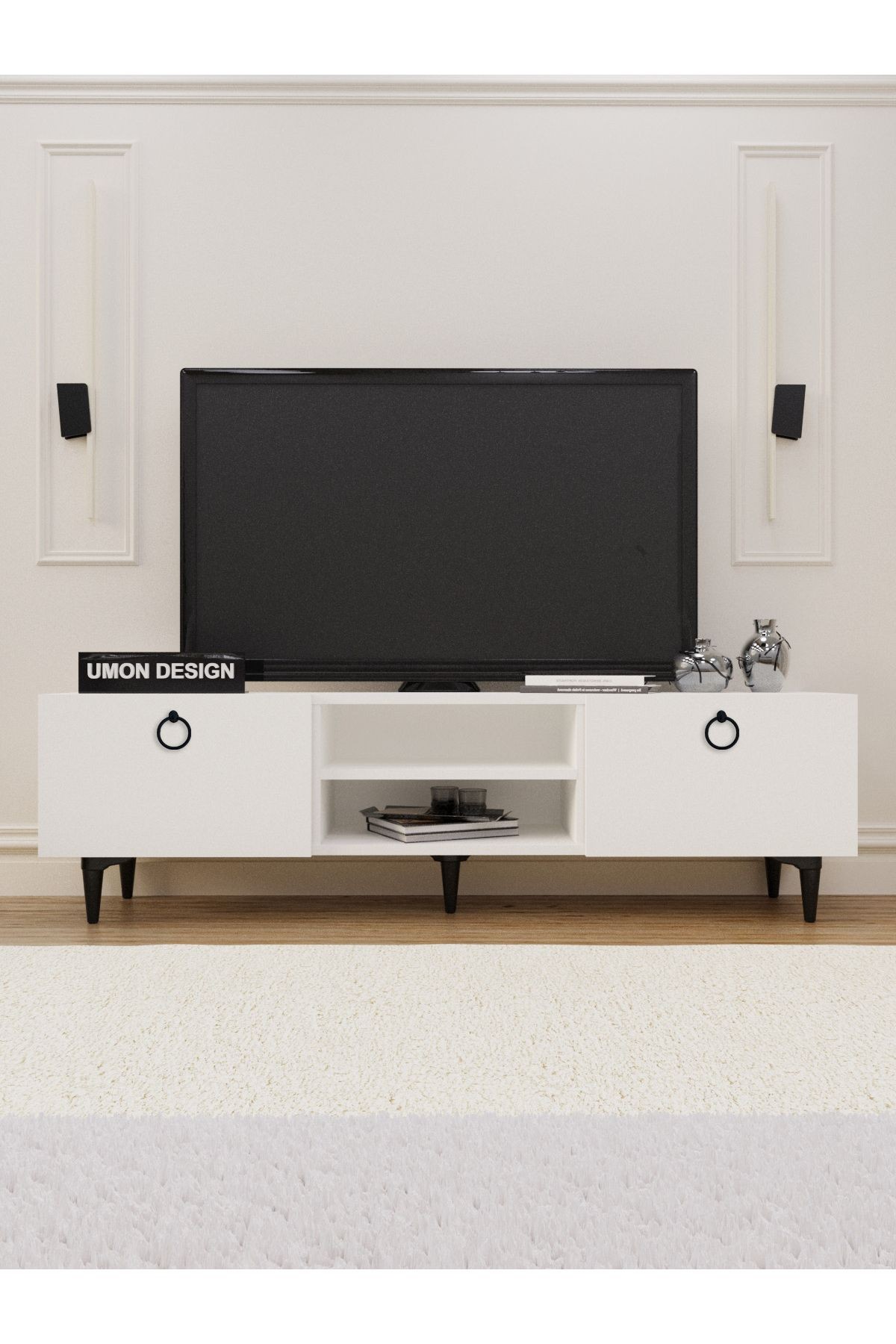 Agora Tv Ünitesi 150 Cm Üç Kapaklı Raflı Ayaklı Tv Sehpası Beyaz - beyaz