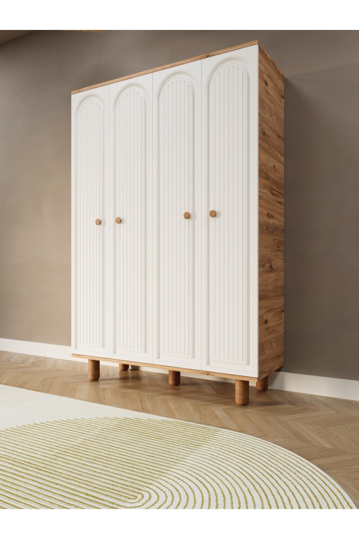 Boheme 4 Kapaklı Dolap Gardırop Modern Elbise Dolabı MDF Dekoratif Kapak - çam beyaz
