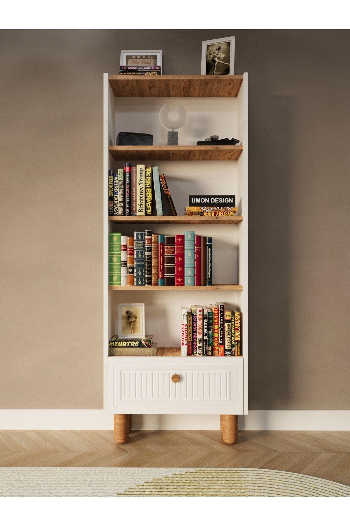 Bohem 5 Raflı Kapaklı Kitaplık MDF Dekoratif Kapak - çam beyaz