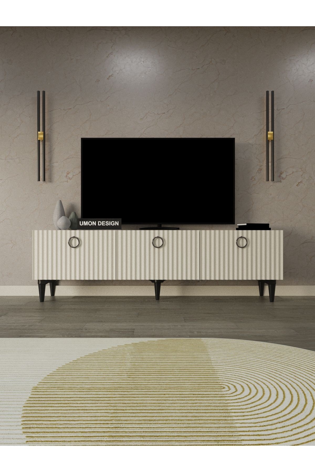Line Tv Ünitesi 150 cm Üç Kapaklı MDF Kapak Raflı Ayaklı TV Sehpası