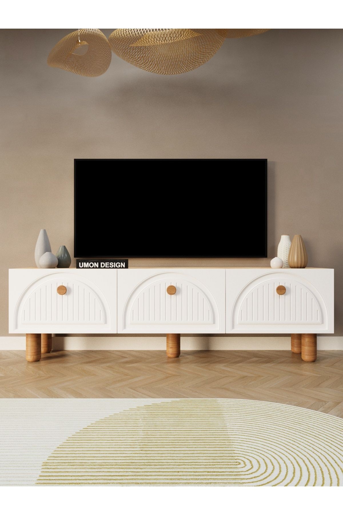 Bohem Tv Ünitesi 150 cm Üç Kapaklı MDF Kapak Raflı Ayaklı TV Sehpası - beyaz