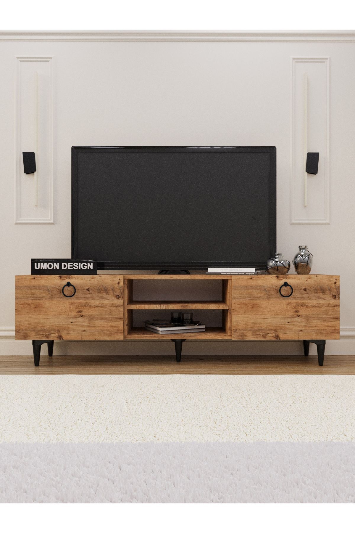 Agora Tv Ünitesi 150 Cm Üç Kapaklı Raflı Ayaklı Tv Sehpası Beyaz - çam ağacı rengi