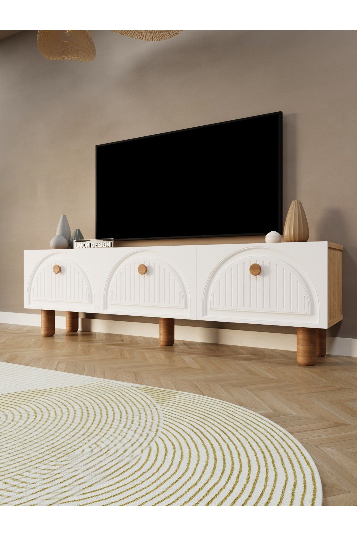 Bohem Tv Ünitesi 150 cm Üç Kapaklı MDF Kapak Raflı Ayaklı TV Sehpası - çam- beyaz