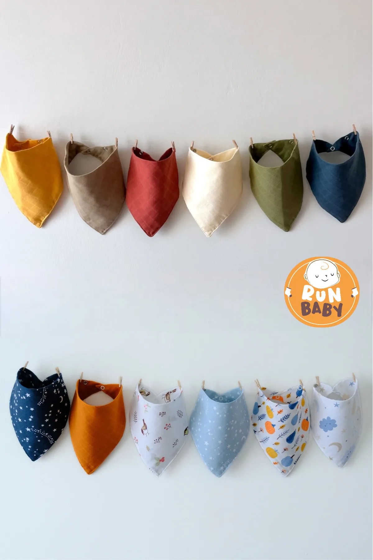 (12 ADET) Run Baby %100 Organik Pamuk Müslin Kumaş Iki Çıtçıtlı Bebek Salya Önlük & Fular