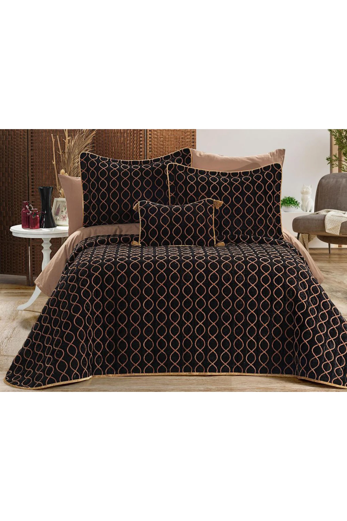 Brillance Çift Kişilik Yatak Örtüsü Siyah Gold