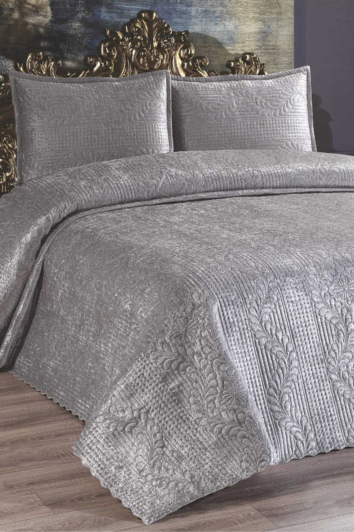 Velica Çift Kişilik Kadife Yatak Örtüsü - Gri