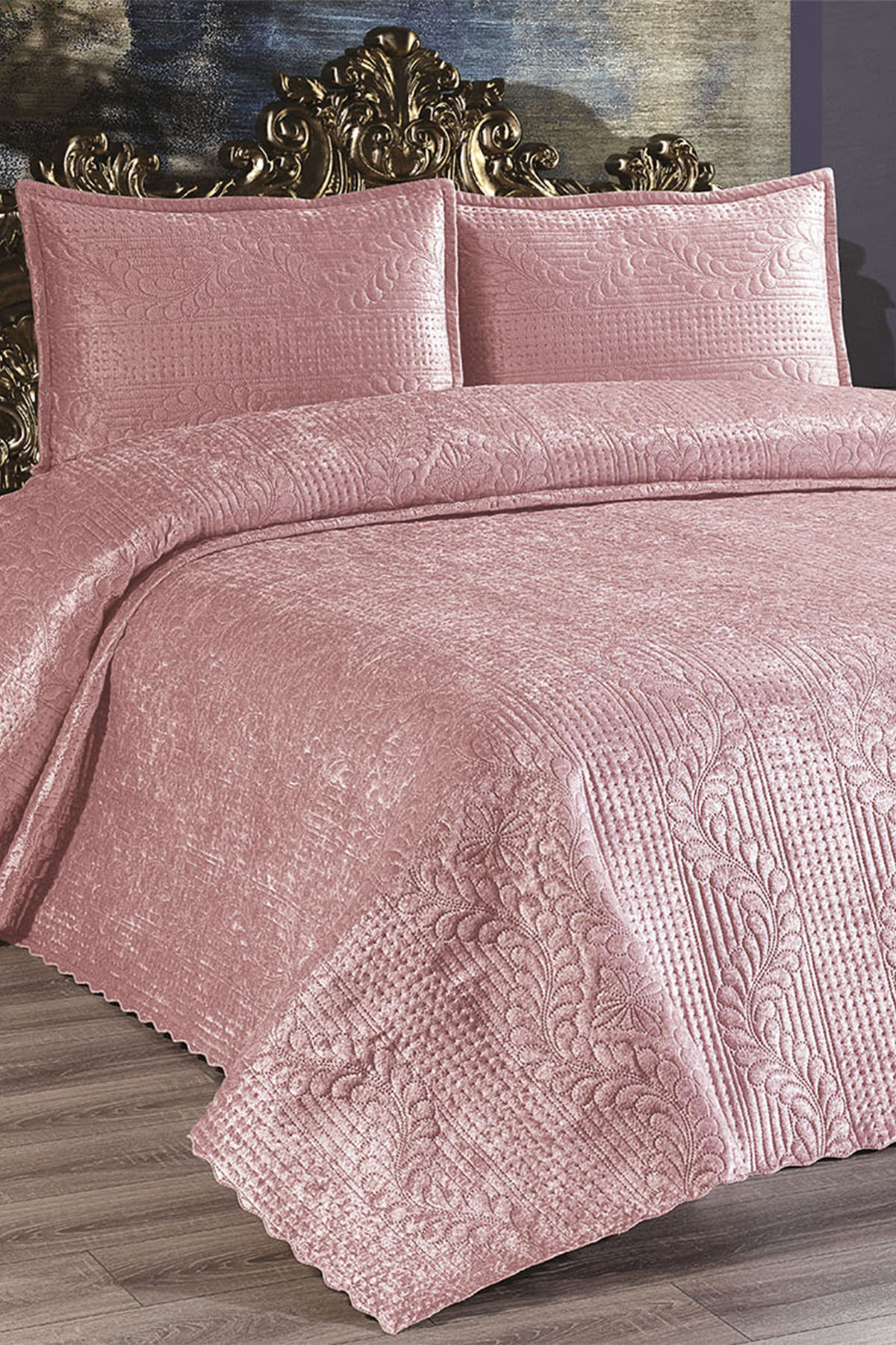 Velica Çift Kişilik Kadife Yatak Örtüsü - Pudra